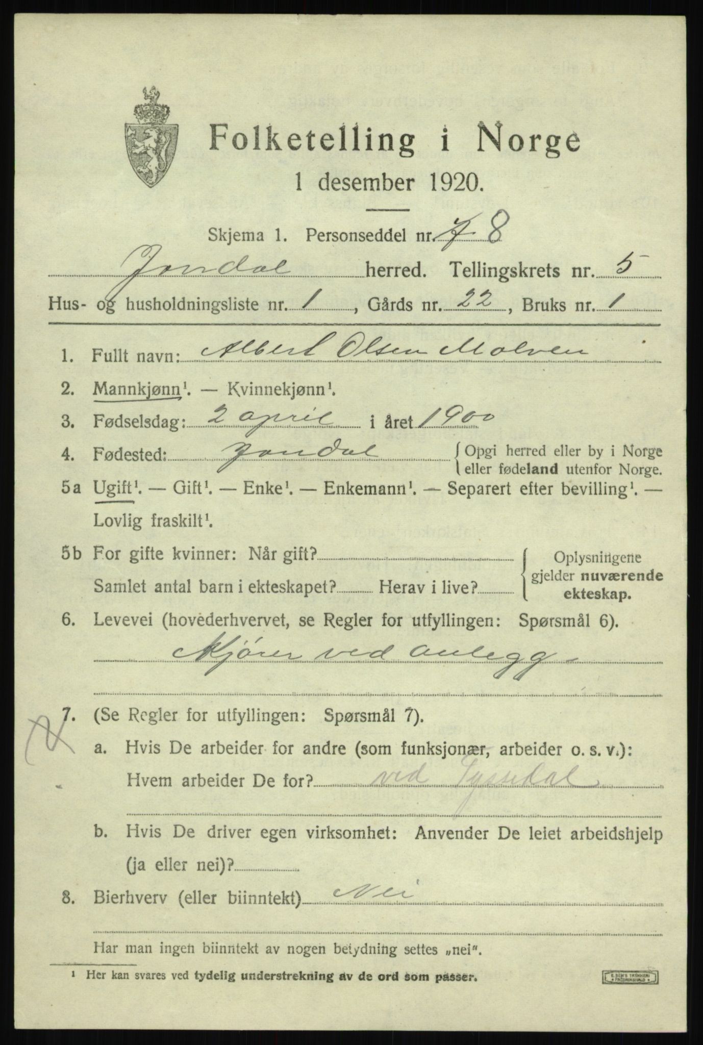 SAB, 1920 census for Jondal, 1920, p. 2506