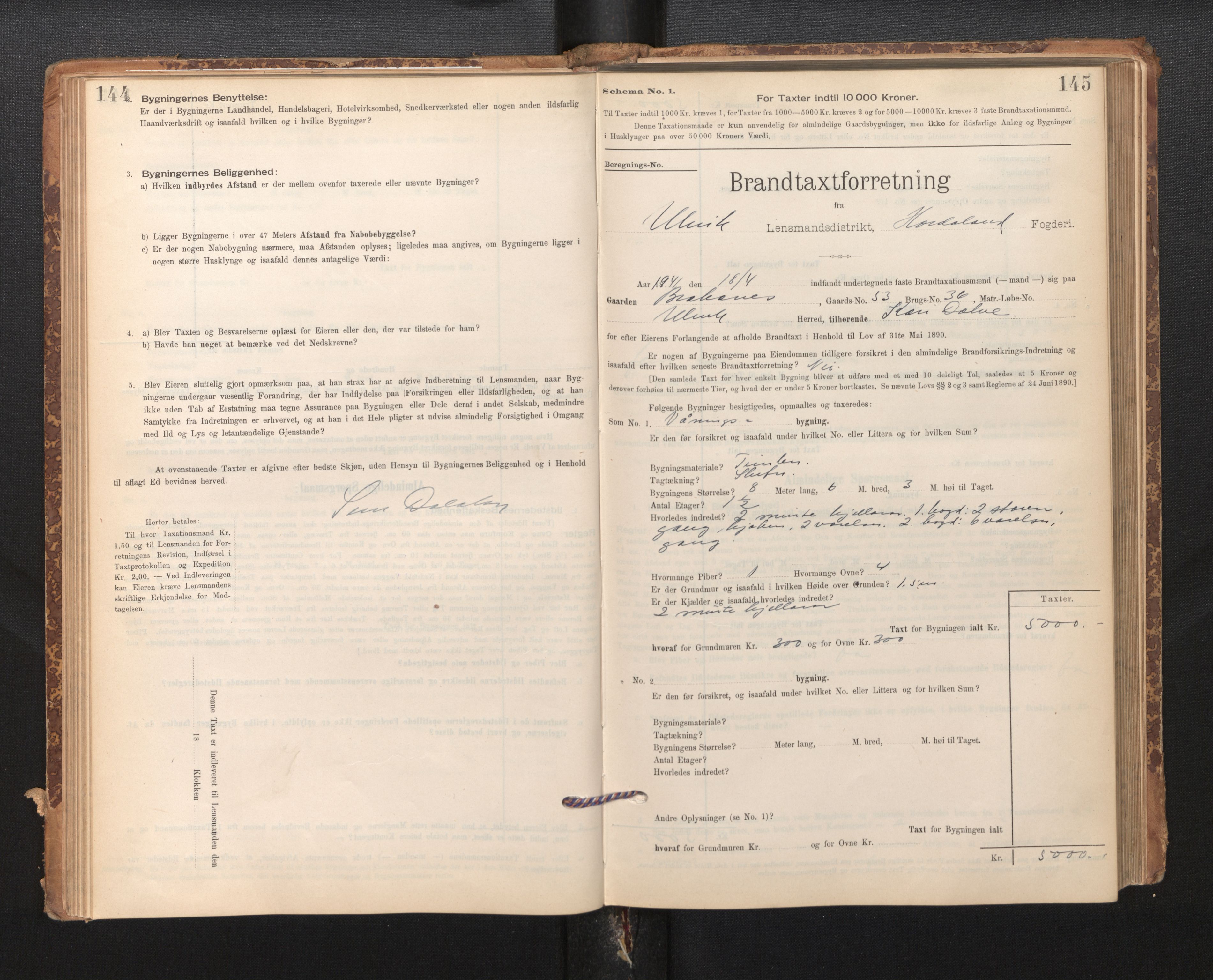 Lensmannen i Ulvik, SAB/A-35601/0012/L0003: Branntakstprotokoll, skjematakst, 1895-1946, p. 144-145