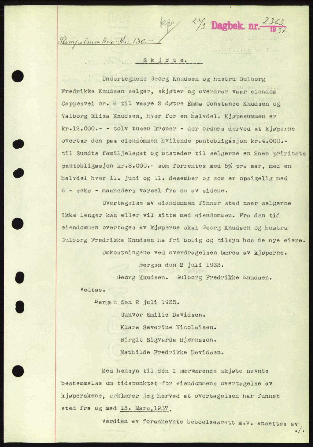Byfogd og Byskriver i Bergen, SAB/A-3401/03/03Bc/L0004: Mortgage book no. A3-4, 1936-1937, Diary no: : 2363/1937