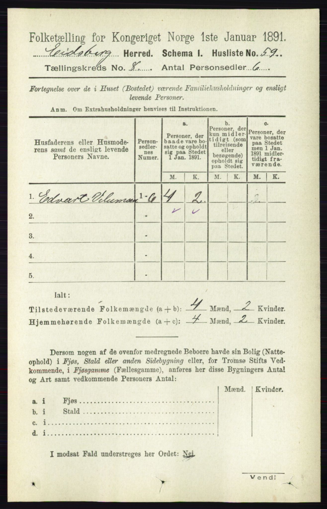 RA, 1891 census for 0125 Eidsberg, 1891, p. 4612