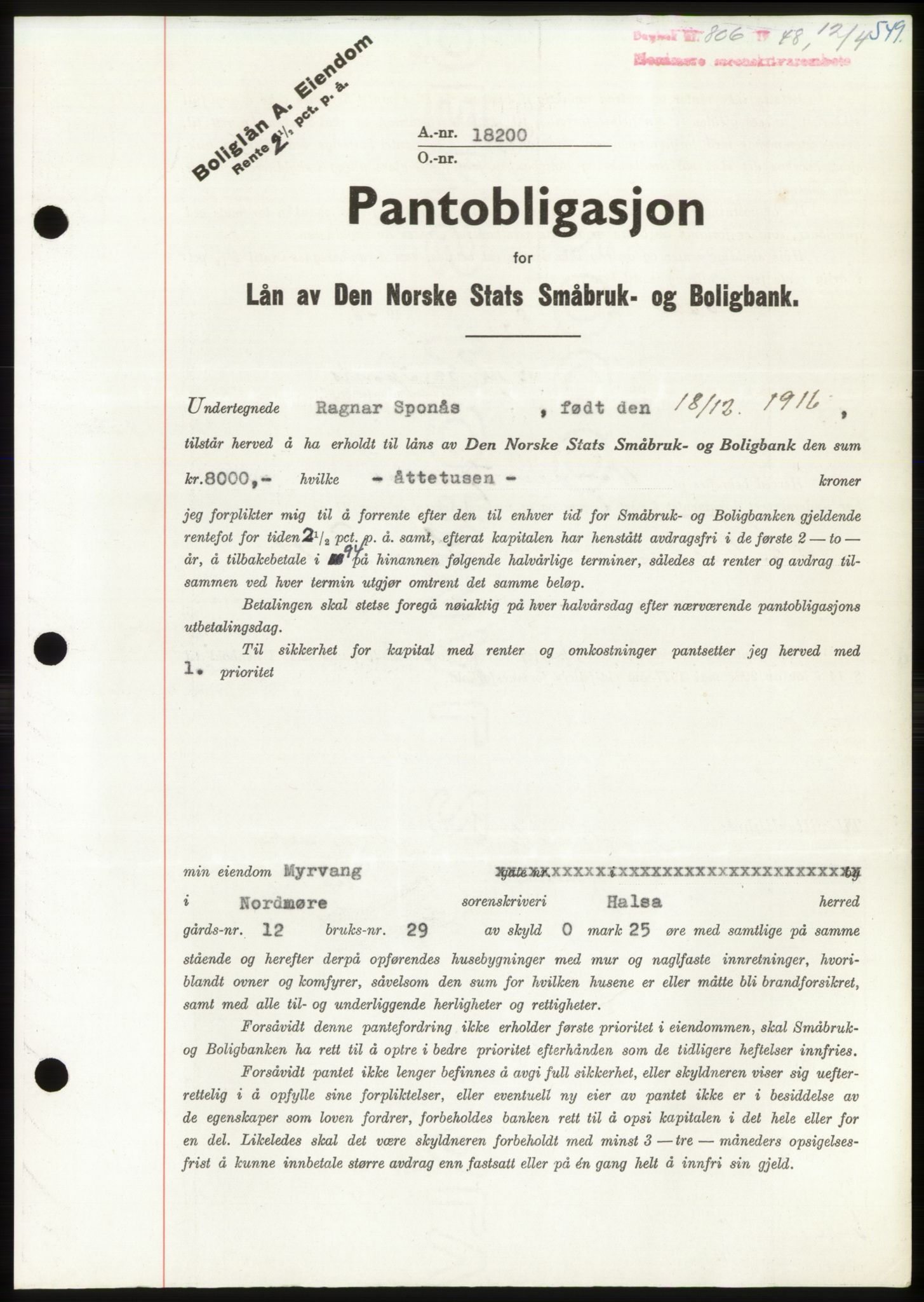 Nordmøre sorenskriveri, AV/SAT-A-4132/1/2/2Ca: Mortgage book no. B98, 1948-1948, Diary no: : 806/1948