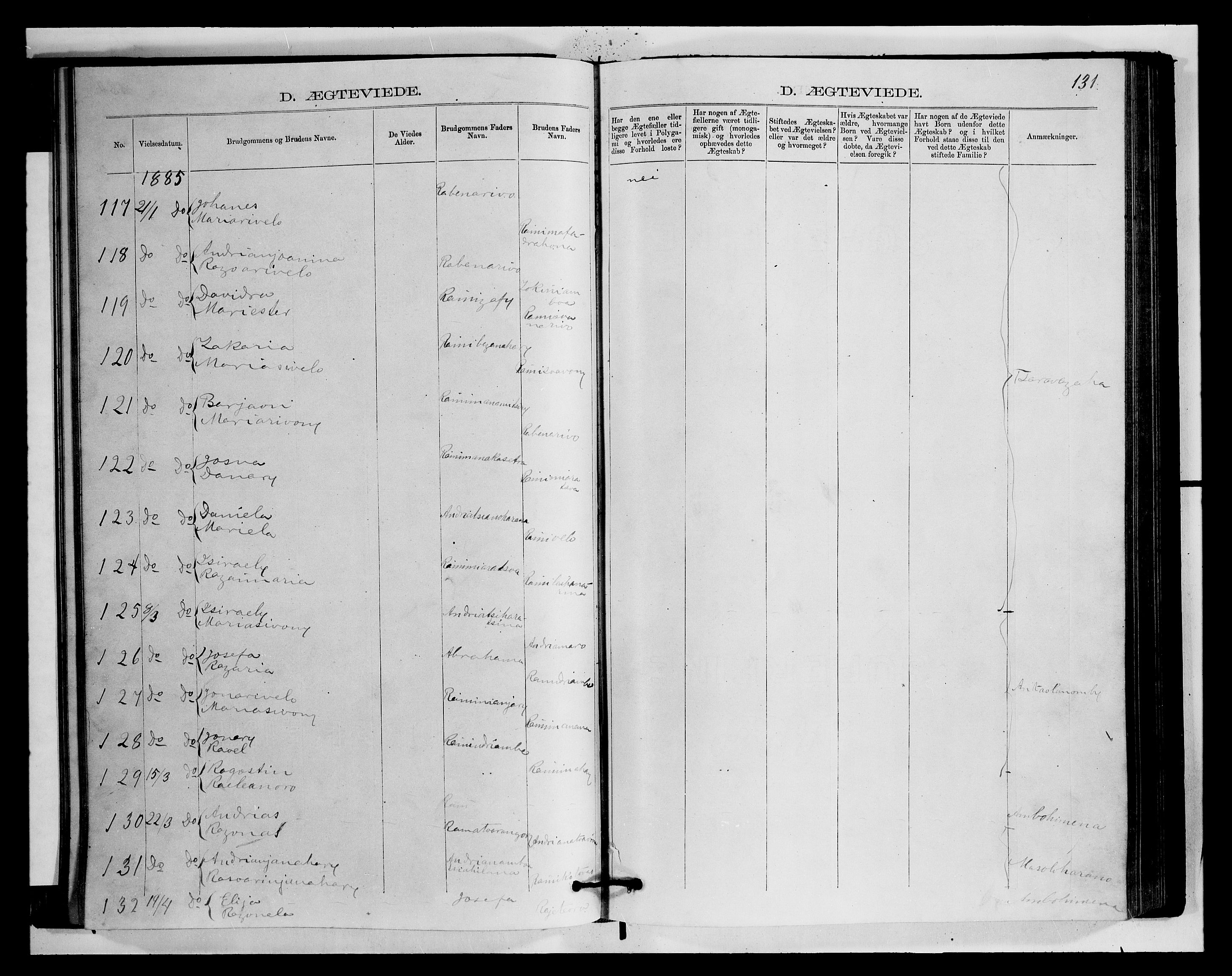 Archives FLM/NMS, Madagaskar, VID/MA-A-1163/D/Db/L0270: Parish register (official) no. 2, 1883-1886, p. 131
