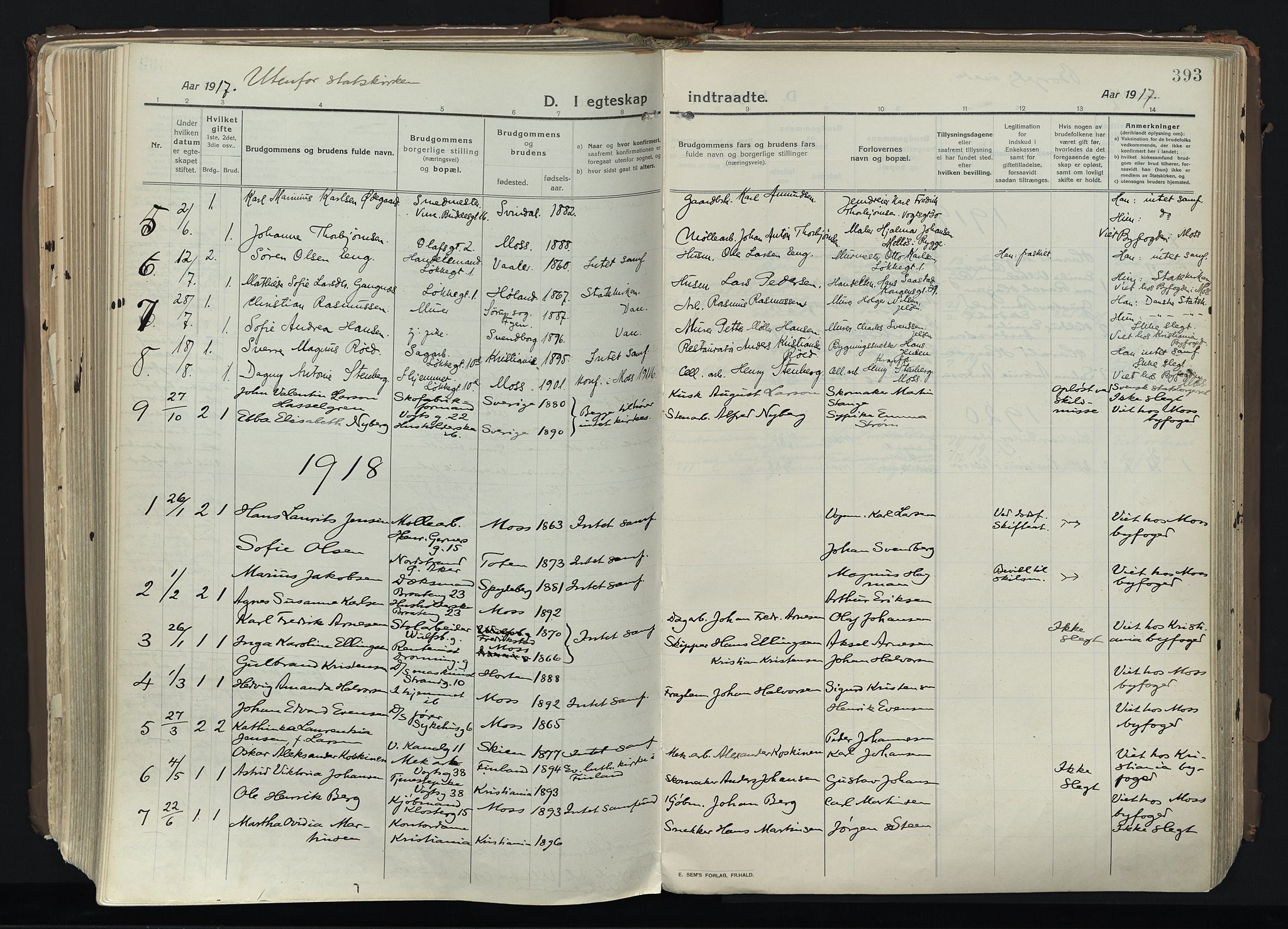 Moss prestekontor Kirkebøker, AV/SAO-A-2003/F/Fb/L0005: Parish register (official) no. II 5, 1913-1923, p. 393