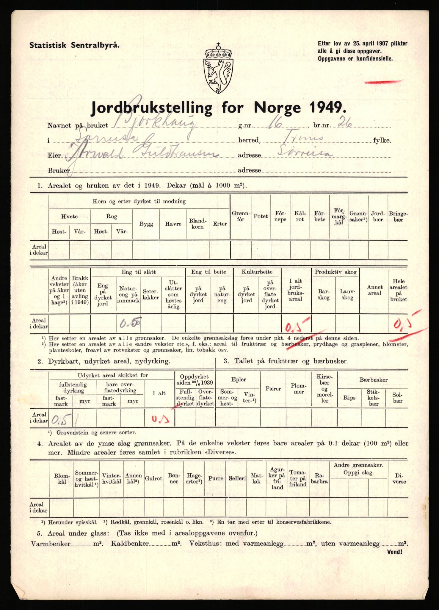 Statistisk sentralbyrå, Næringsøkonomiske emner, Jordbruk, skogbruk, jakt, fiske og fangst, AV/RA-S-2234/G/Gc/L0440: Troms: Sørreisa og Dyrøy, 1949, p. 6