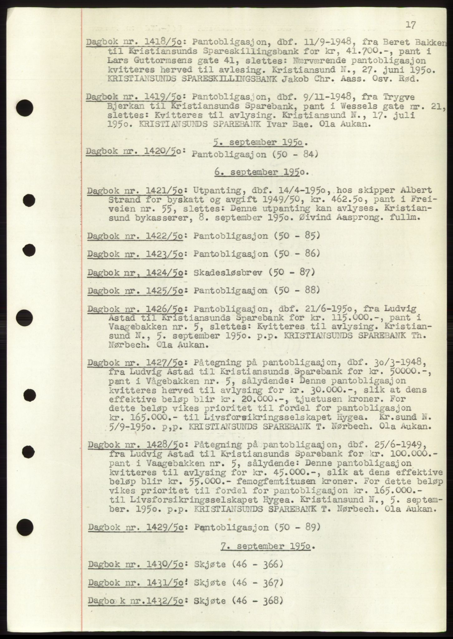 Kristiansund byfogd, AV/SAT-A-4587/A/27: Mortgage book no. 49, 1950-1950, Deed date: 05.09.1950