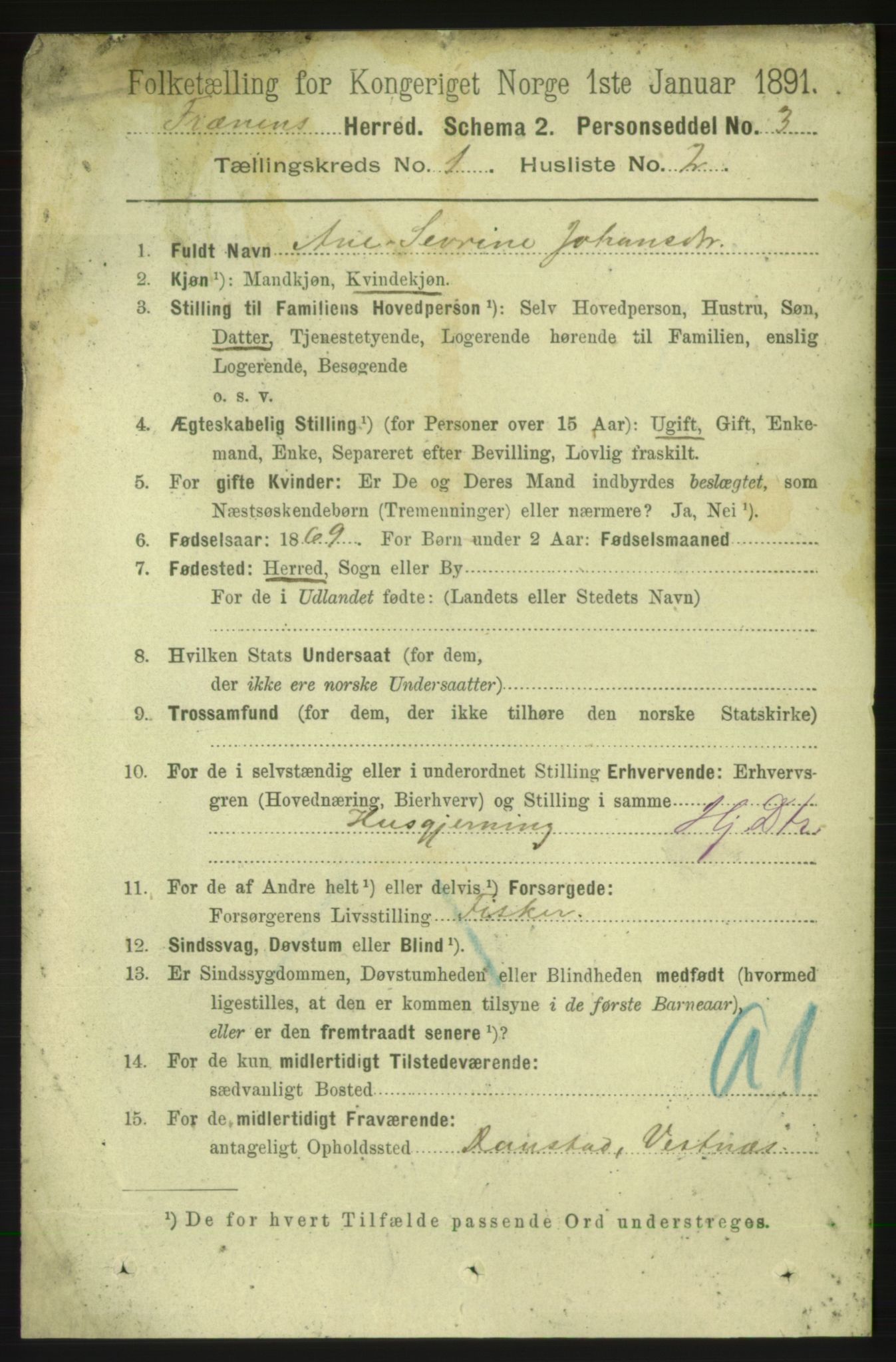 RA, 1891 census for 1548 Fræna, 1891, p. 98