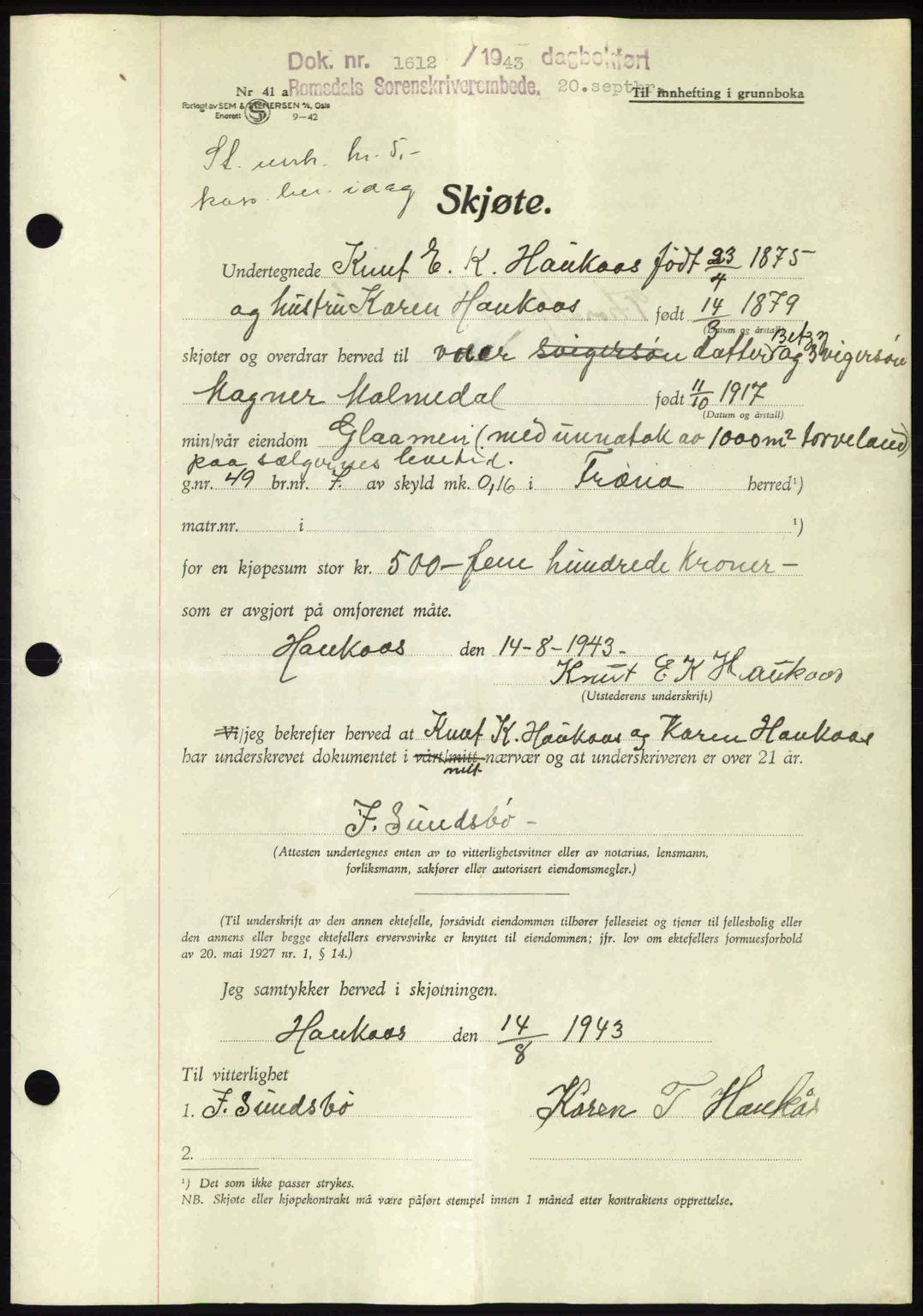 Romsdal sorenskriveri, AV/SAT-A-4149/1/2/2C: Mortgage book no. A14, 1943-1943, Diary no: : 1612/1943