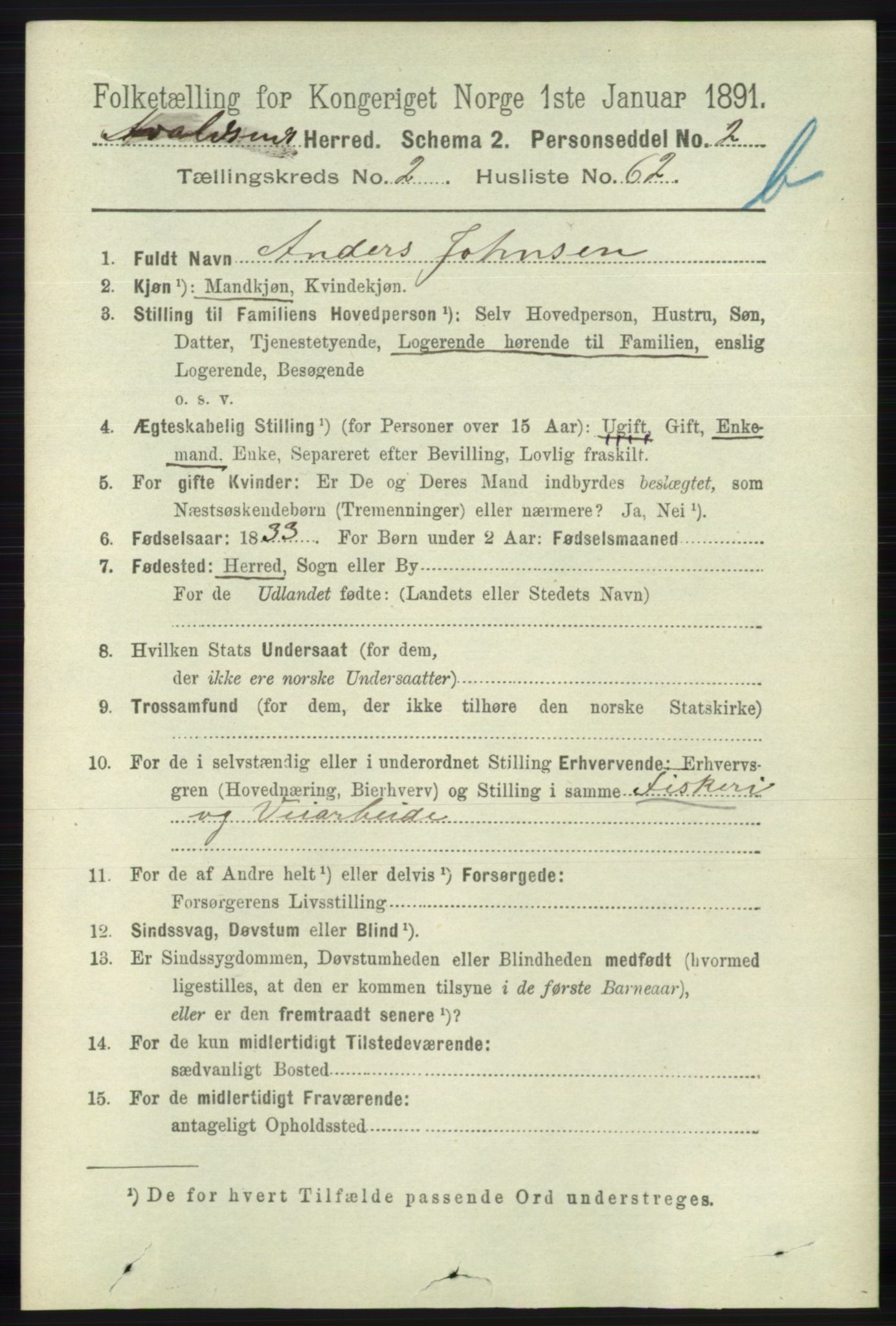 RA, 1891 census for 1147 Avaldsnes, 1891, p. 2319