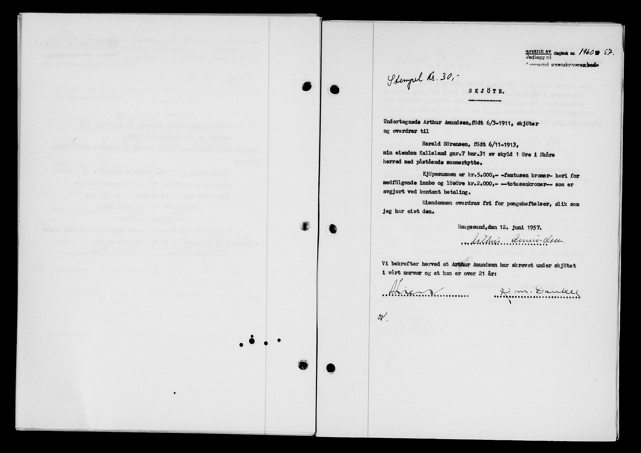 Karmsund sorenskriveri, AV/SAST-A-100311/01/II/IIB/L0125: Mortgage book no. 105A, 1957-1957, Diary no: : 1960/1957