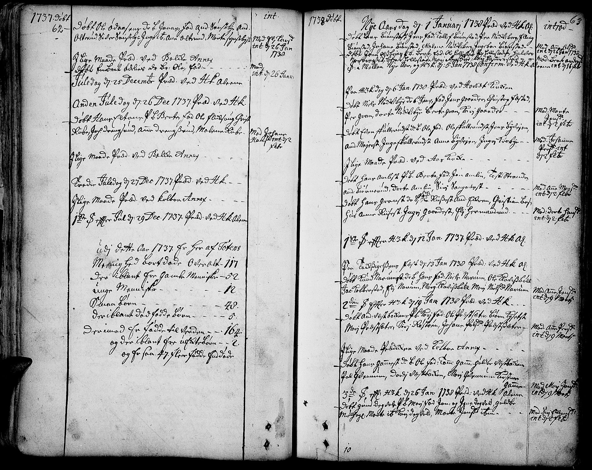 Toten prestekontor, AV/SAH-PREST-102/H/Ha/Haa/L0003: Parish register (official) no. 3, 1734-1751, p. 62-63