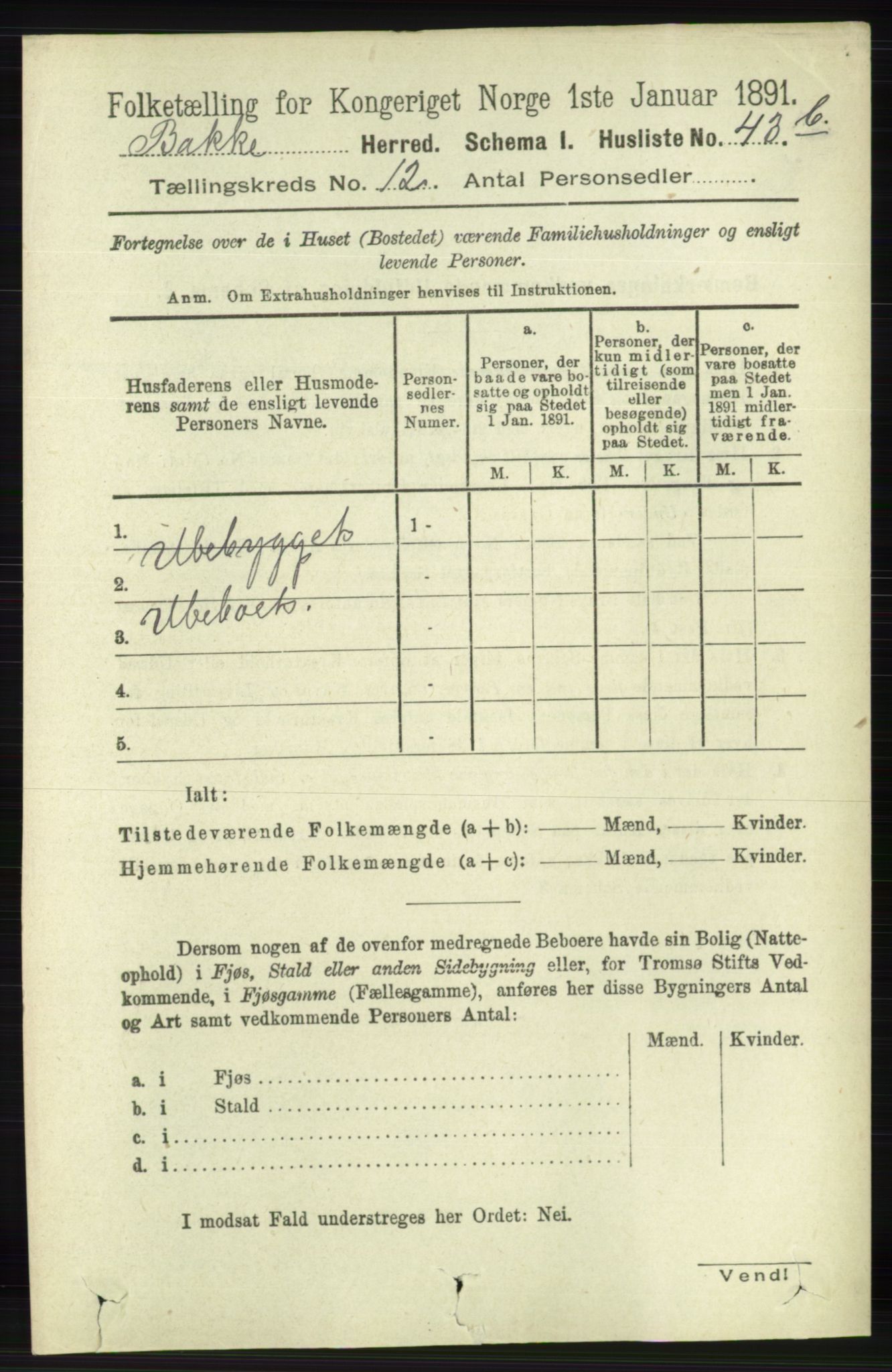 RA, 1891 census for 1045 Bakke, 1891, p. 2423