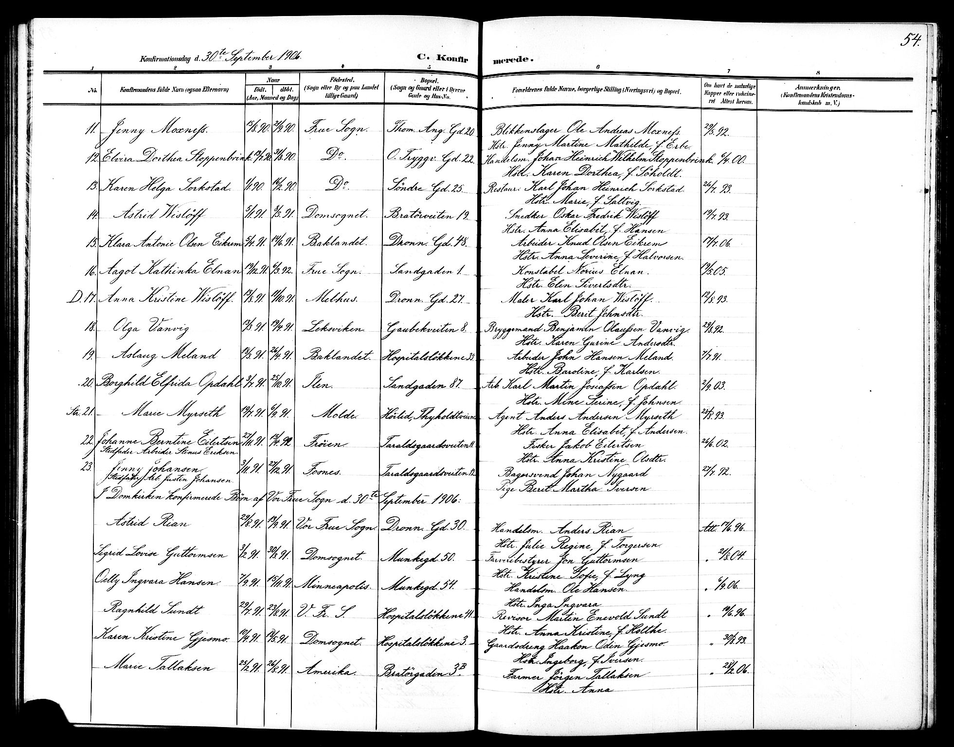 Ministerialprotokoller, klokkerbøker og fødselsregistre - Sør-Trøndelag, SAT/A-1456/602/L0146: Parish register (copy) no. 602C14, 1904-1914, p. 54