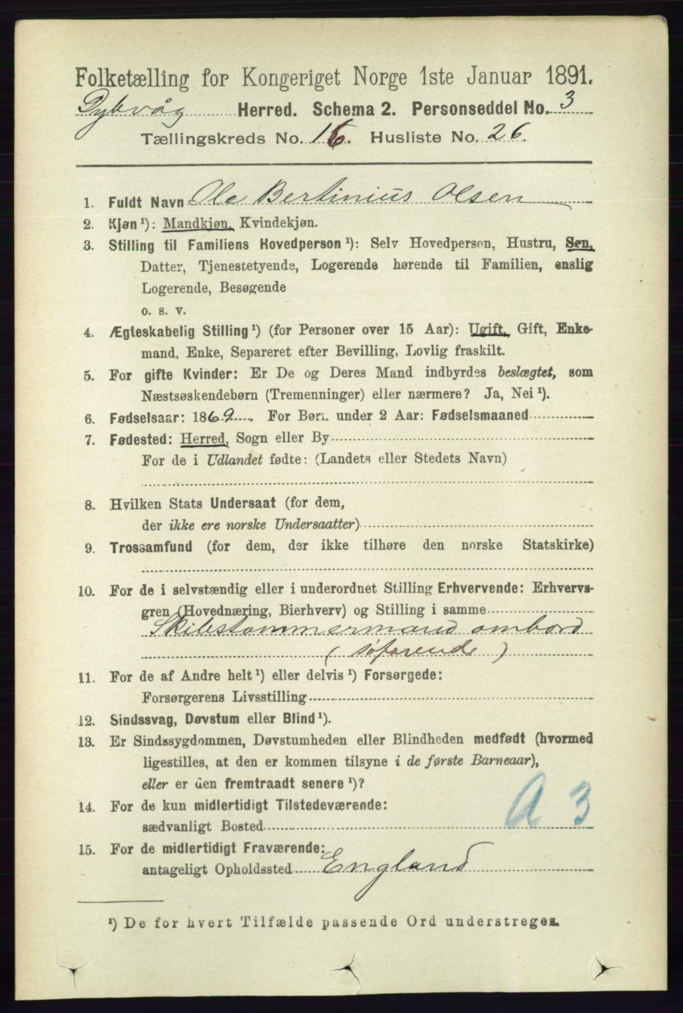RA, 1891 census for 0915 Dypvåg, 1891, p. 6565