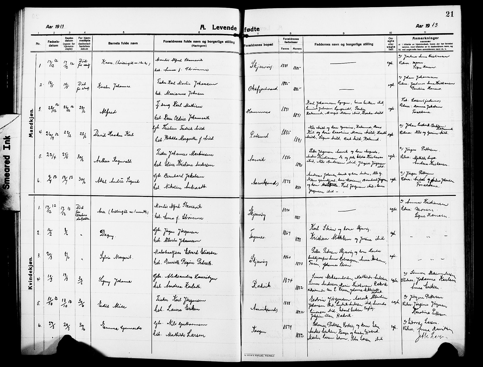 Skjervøy sokneprestkontor, AV/SATØ-S-1300/H/Ha/Hab/L0009klokker: Parish register (copy) no. 9, 1911-1926, p. 21