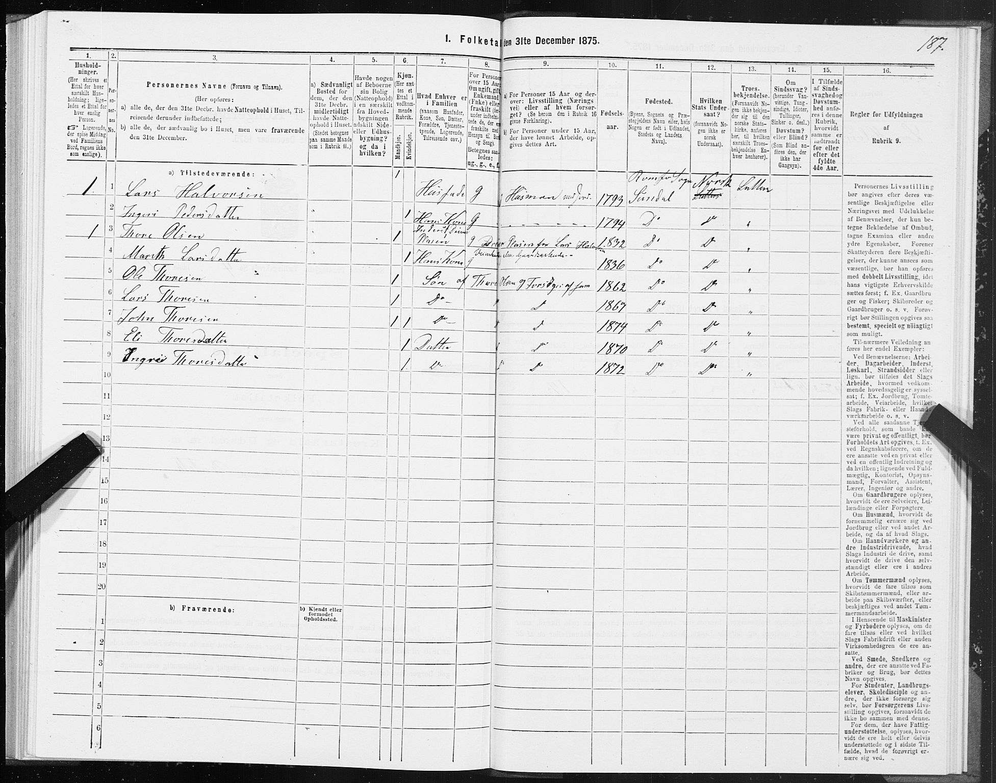 SAT, 1875 census for 1563P Sunndal, 1875, p. 1187