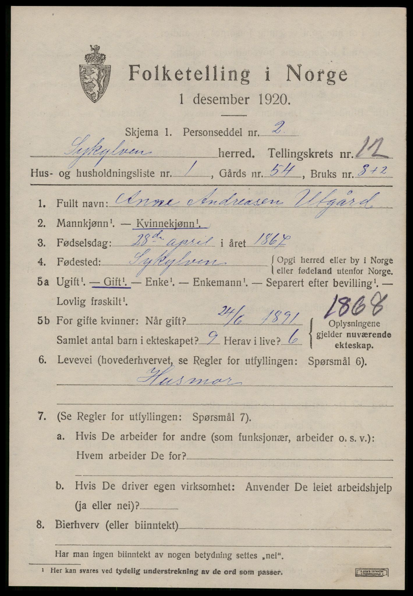 SAT, 1920 census for Sykkylven, 1920, p. 5687