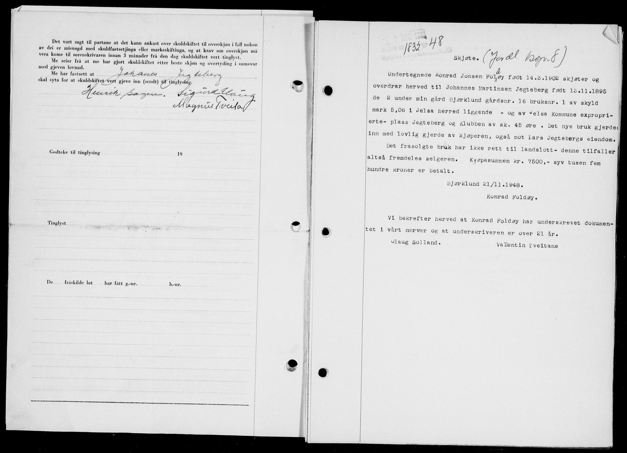 Ryfylke tingrett, AV/SAST-A-100055/001/II/IIB/L0104: Mortgage book no. 83, 1948-1949, Diary no: : 1832/1948