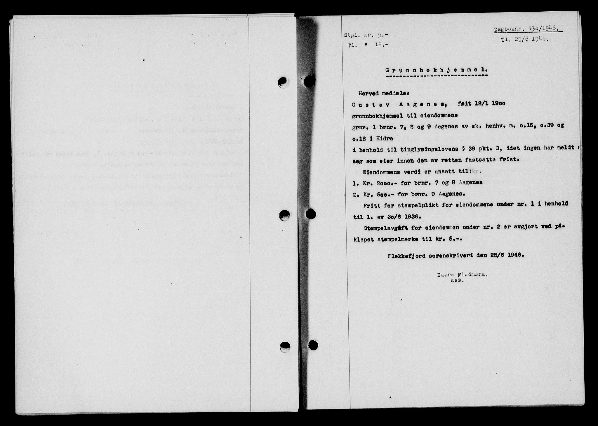 Flekkefjord sorenskriveri, AV/SAK-1221-0001/G/Gb/Gba/L0060: Mortgage book no. A-8, 1945-1946, Diary no: : 430/1946