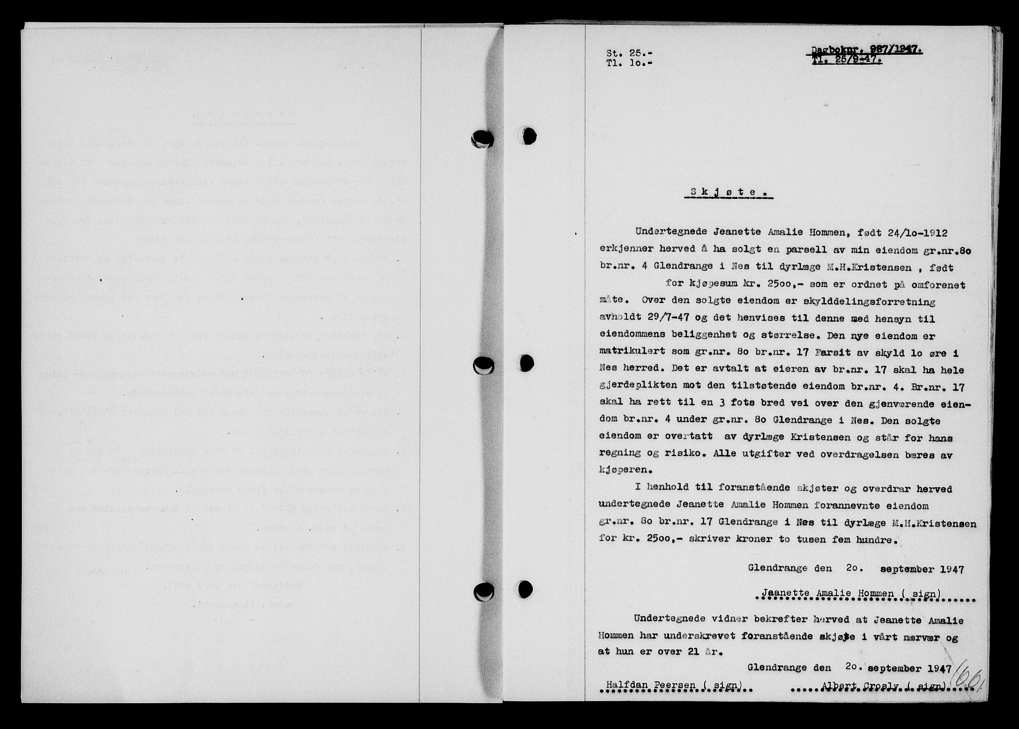 Flekkefjord sorenskriveri, SAK/1221-0001/G/Gb/Gba/L0062: Mortgage book no. A-10, 1947-1947, Diary no: : 987/1947