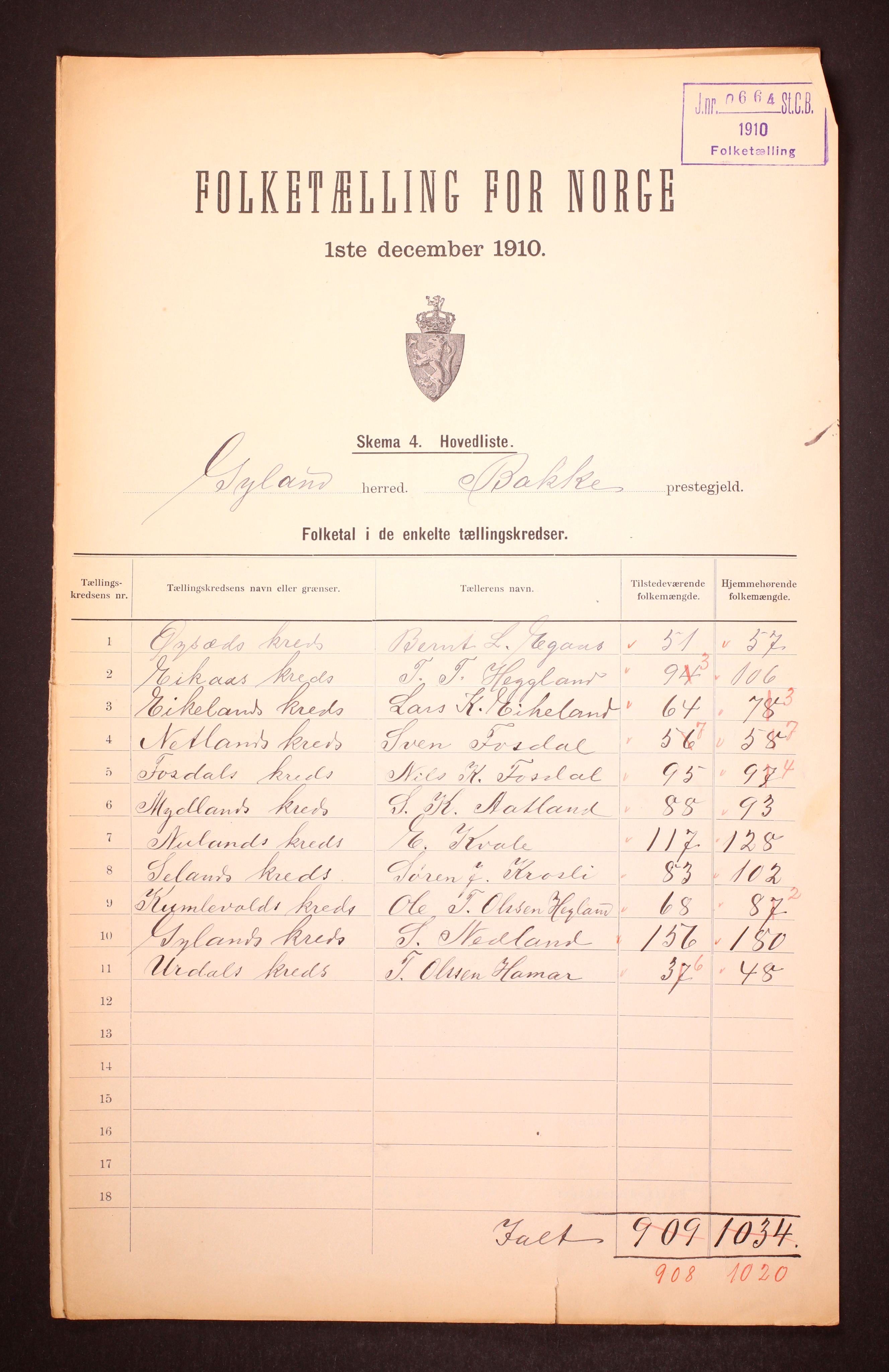 RA, 1910 census for Gyland, 1910, p. 1