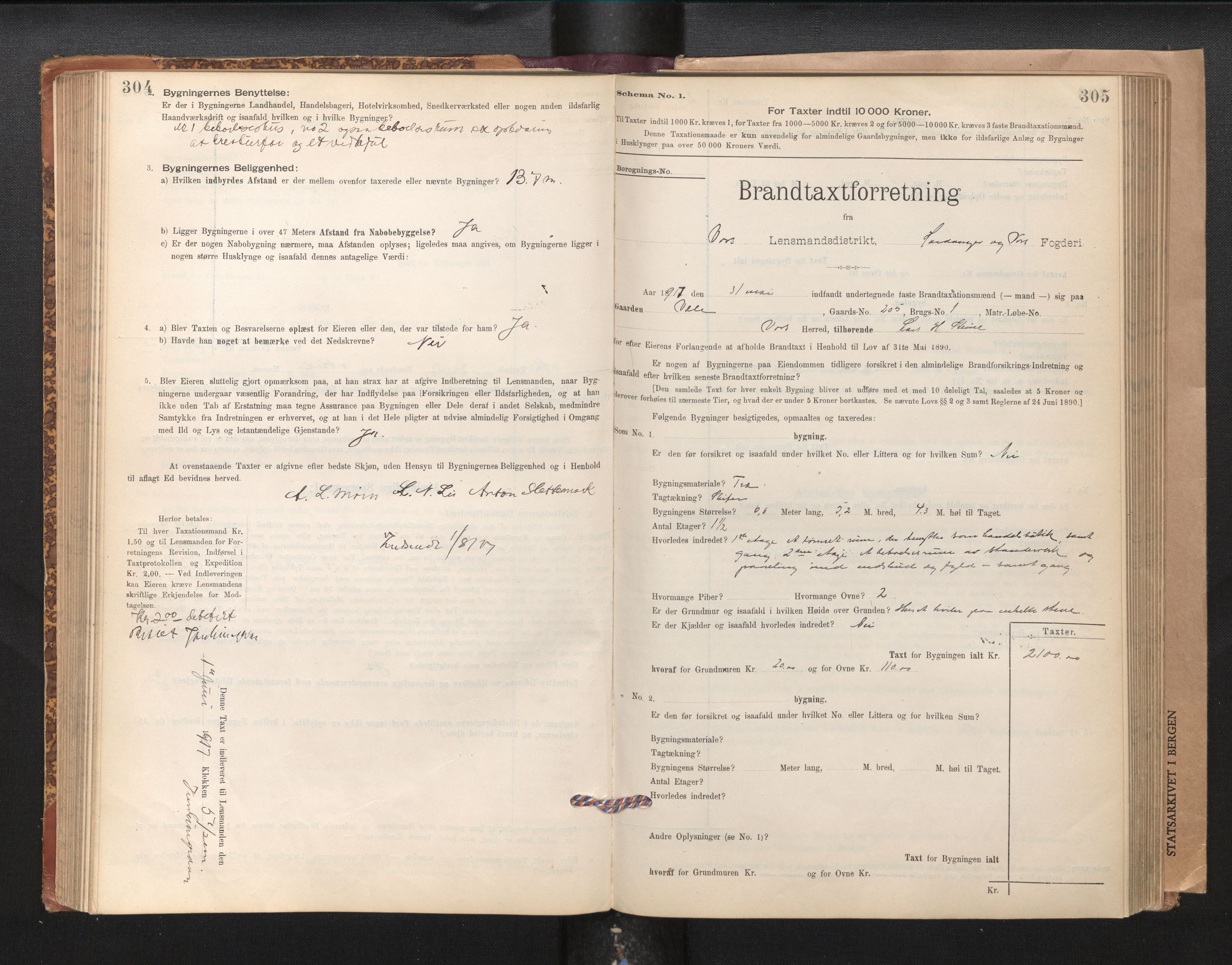 Lensmannen i Voss, SAB/A-35801/0012/L0008: Branntakstprotokoll, skjematakst, 1895-1945, p. 304-305