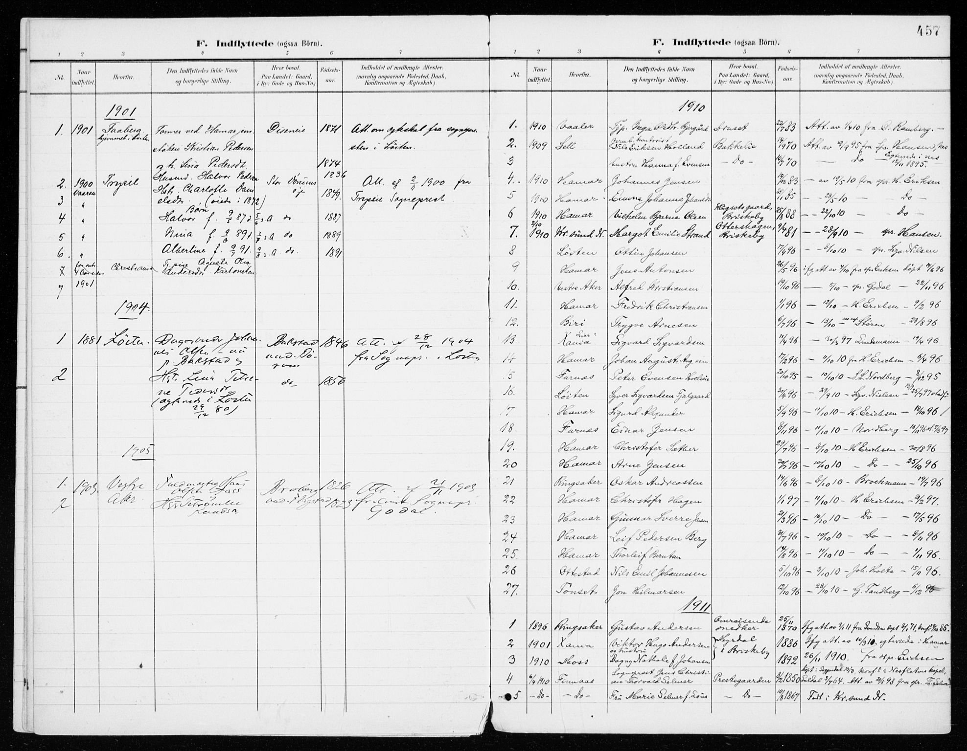 Vang prestekontor, Hedmark, SAH/PREST-008/H/Ha/Haa/L0021: Parish register (official) no. 21, 1902-1917, p. 457