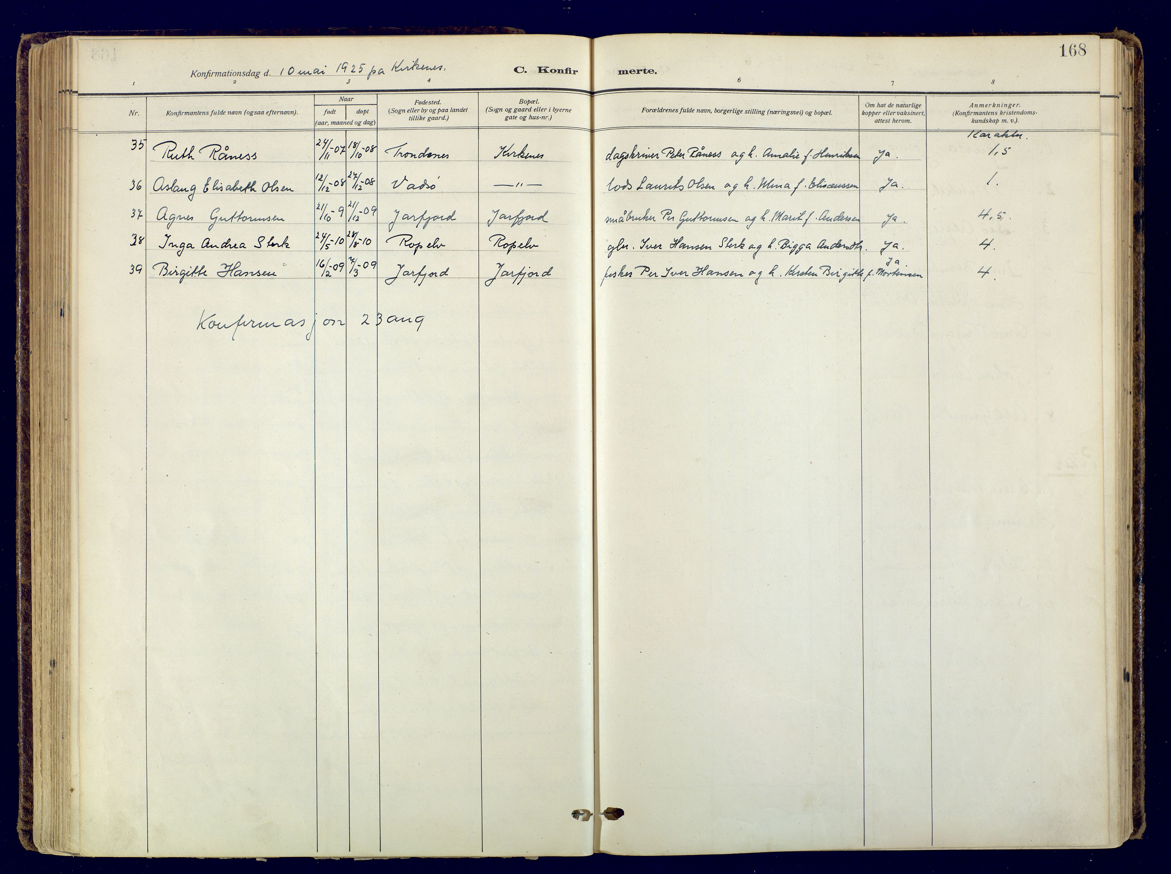 Sør-Varanger sokneprestkontor, AV/SATØ-S-1331/H/Ha/L0006kirke: Parish register (official) no. 6, 1919-1927, p. 168