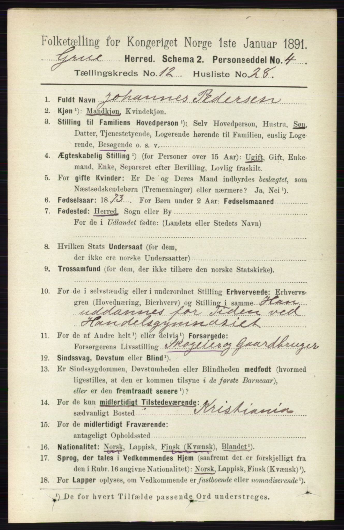 RA, 1891 census for 0423 Grue, 1891, p. 6277