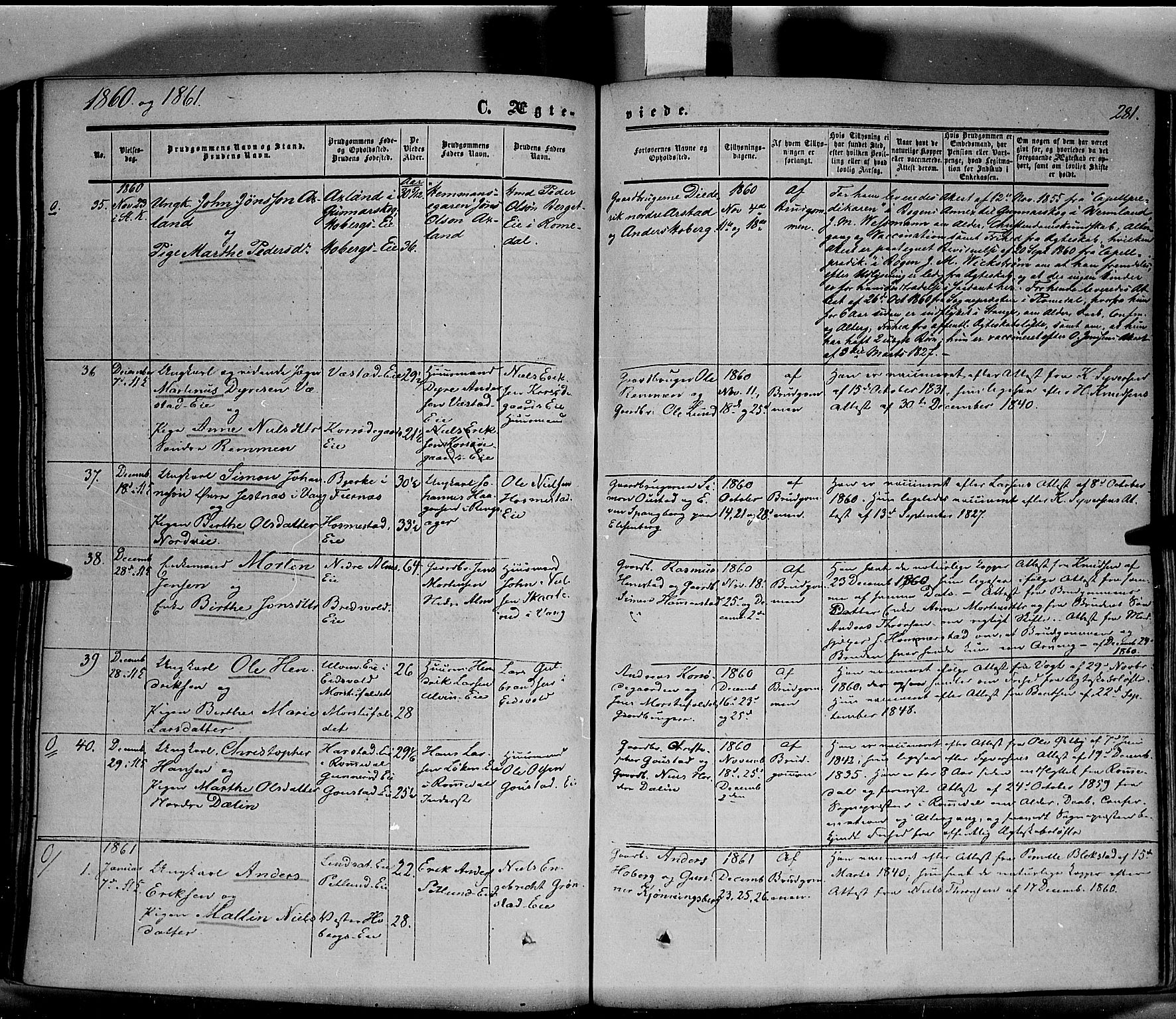 Stange prestekontor, SAH/PREST-002/K/L0012: Parish register (official) no. 12, 1852-1862, p. 281