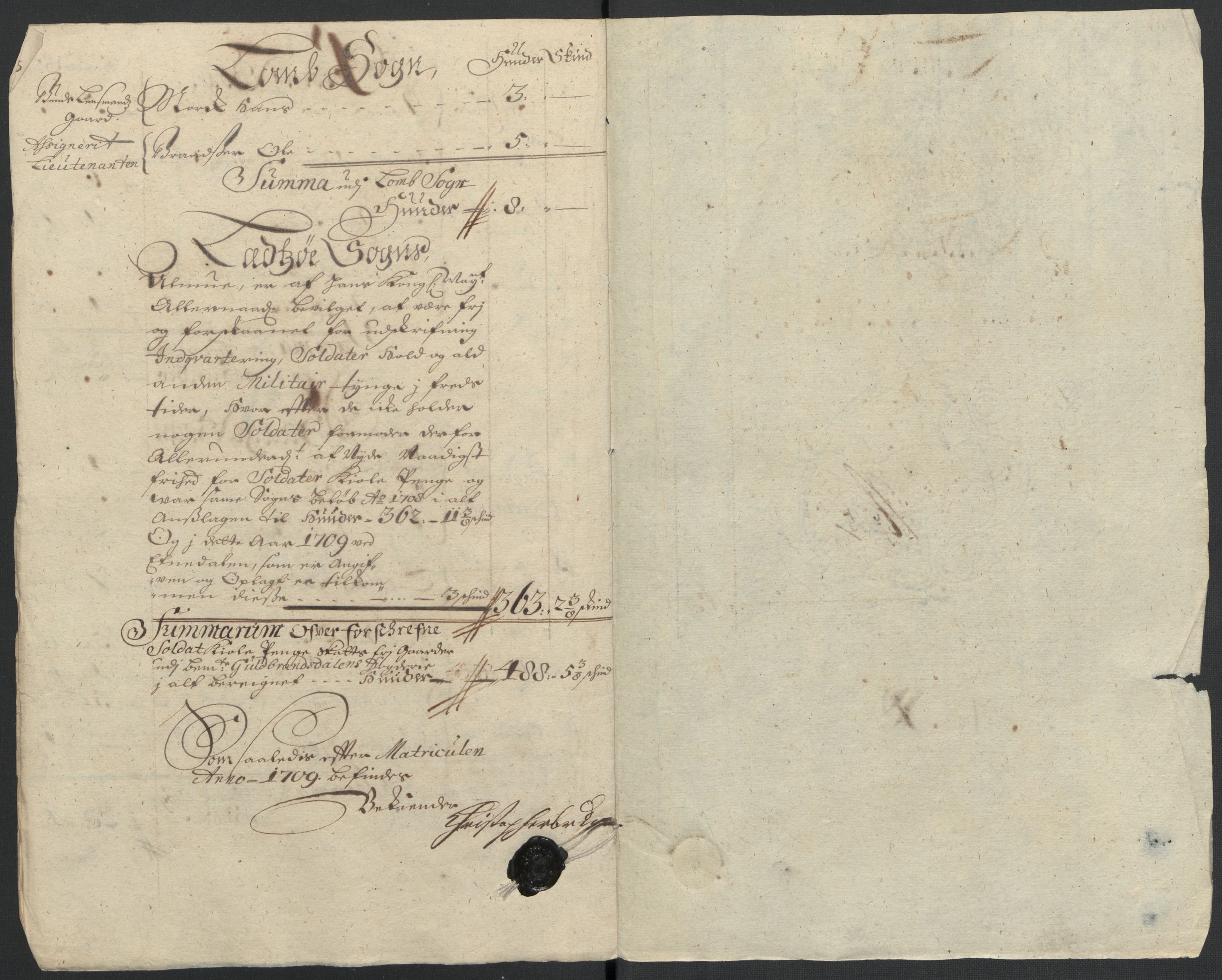 Rentekammeret inntil 1814, Reviderte regnskaper, Fogderegnskap, RA/EA-4092/R17/L1179: Fogderegnskap Gudbrandsdal, 1708-1710, p. 264