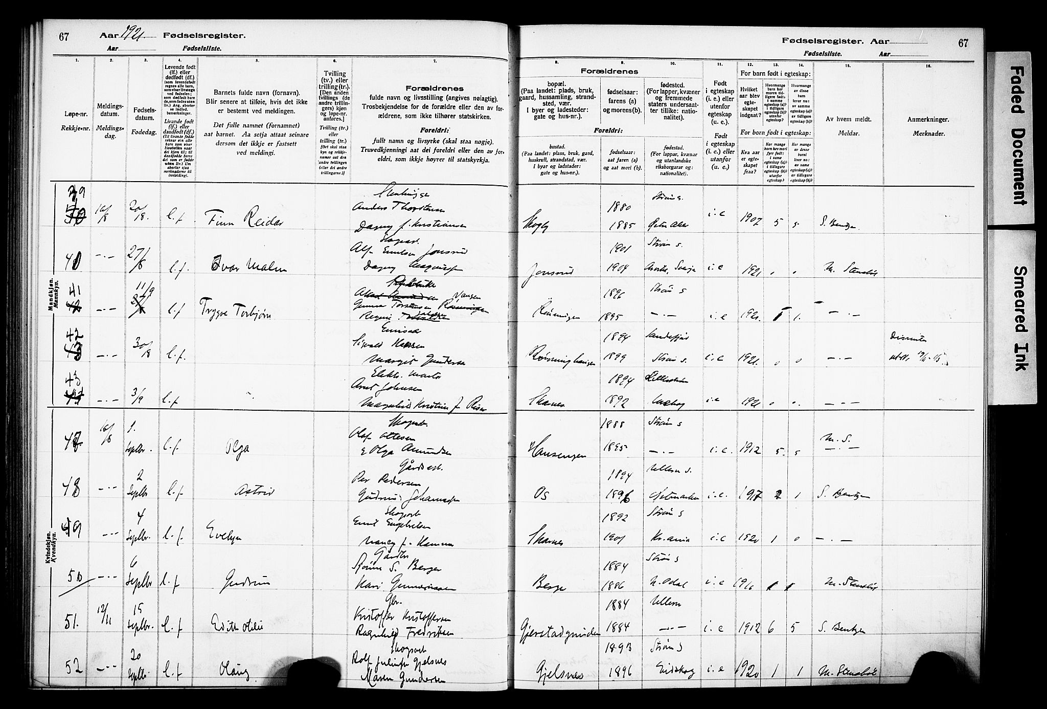 Sør-Odal prestekontor, AV/SAH-PREST-030/I/Id: Birth register no. 1, 1916-1931, p. 67