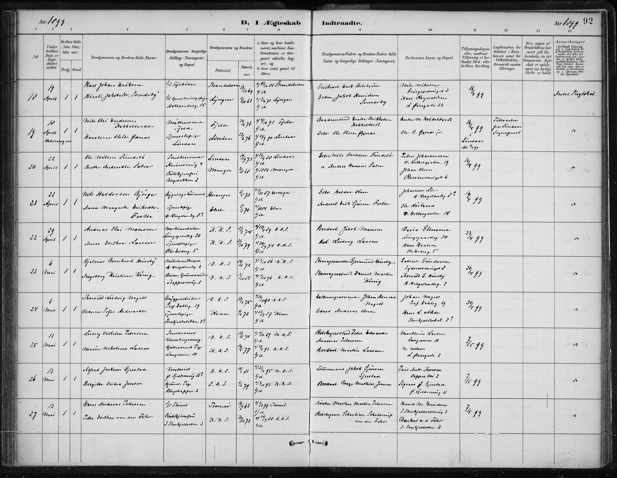 Korskirken sokneprestembete, AV/SAB-A-76101/H/Hab: Parish register (copy) no. D 3, 1887-1906, p. 92