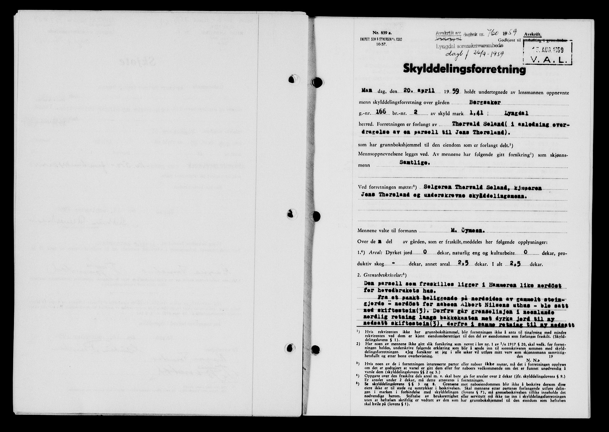 Lyngdal sorenskriveri, AV/SAK-1221-0004/G/Gb/L0679: Mortgage book no. A XXV, 1959-1960, Diary no: : 760/1959