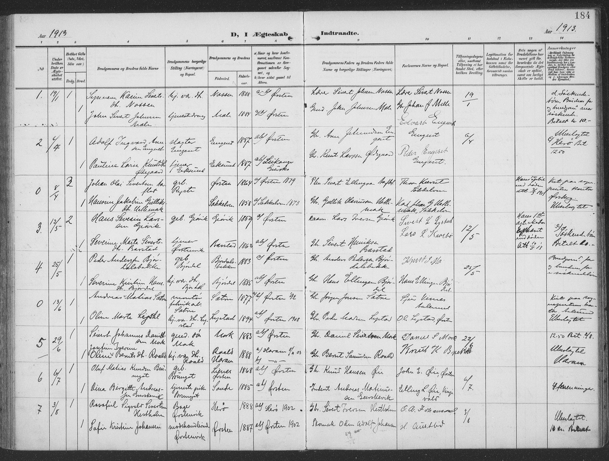 Ministerialprotokoller, klokkerbøker og fødselsregistre - Møre og Romsdal, SAT/A-1454/513/L0178: Parish register (official) no. 513A05, 1906-1919, p. 184