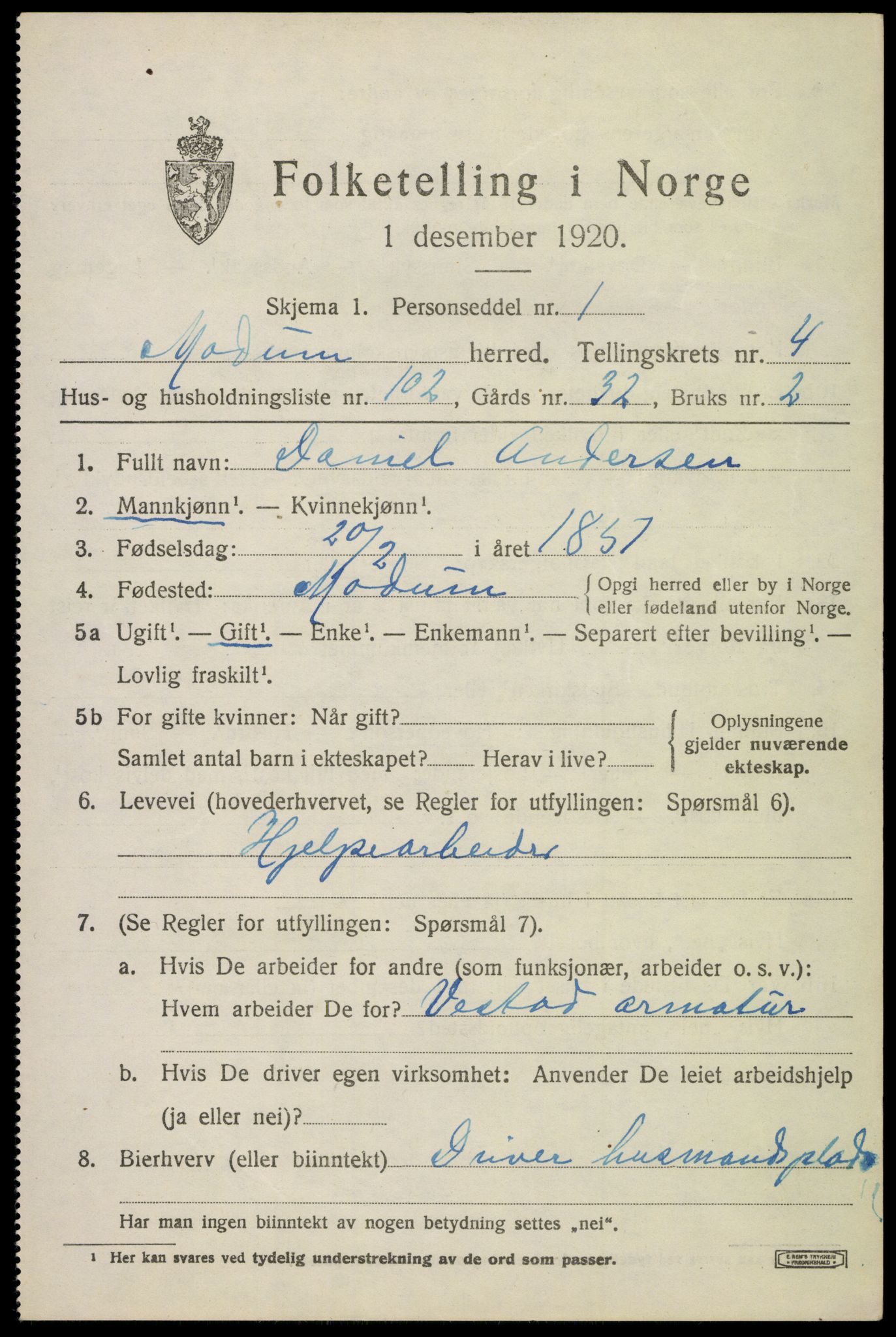 SAKO, 1920 census for Modum, 1920, p. 6453