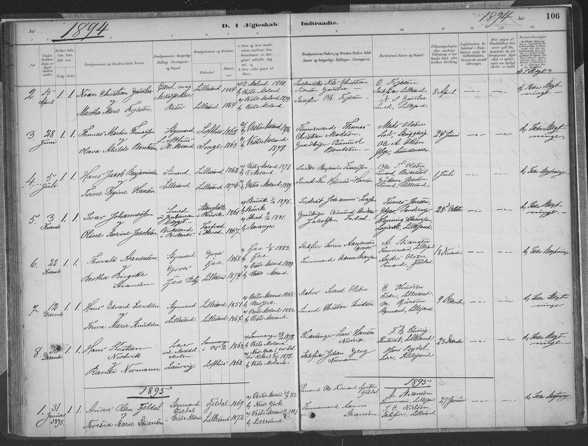 Vestre Moland sokneprestkontor, AV/SAK-1111-0046/F/Fa/Faa/L0001: Parish register (official) no. A 1, 1884-1899, p. 106