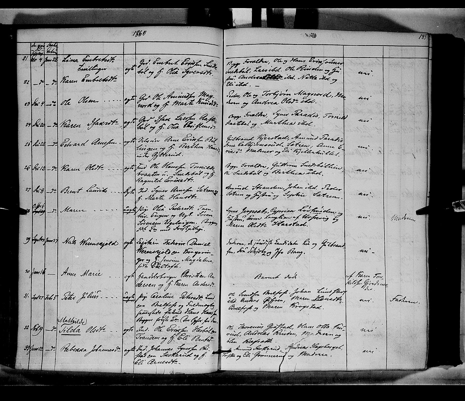 Vinger prestekontor, SAH/PREST-024/H/Ha/Haa/L0010: Parish register (official) no. 10, 1855-1861, p. 185