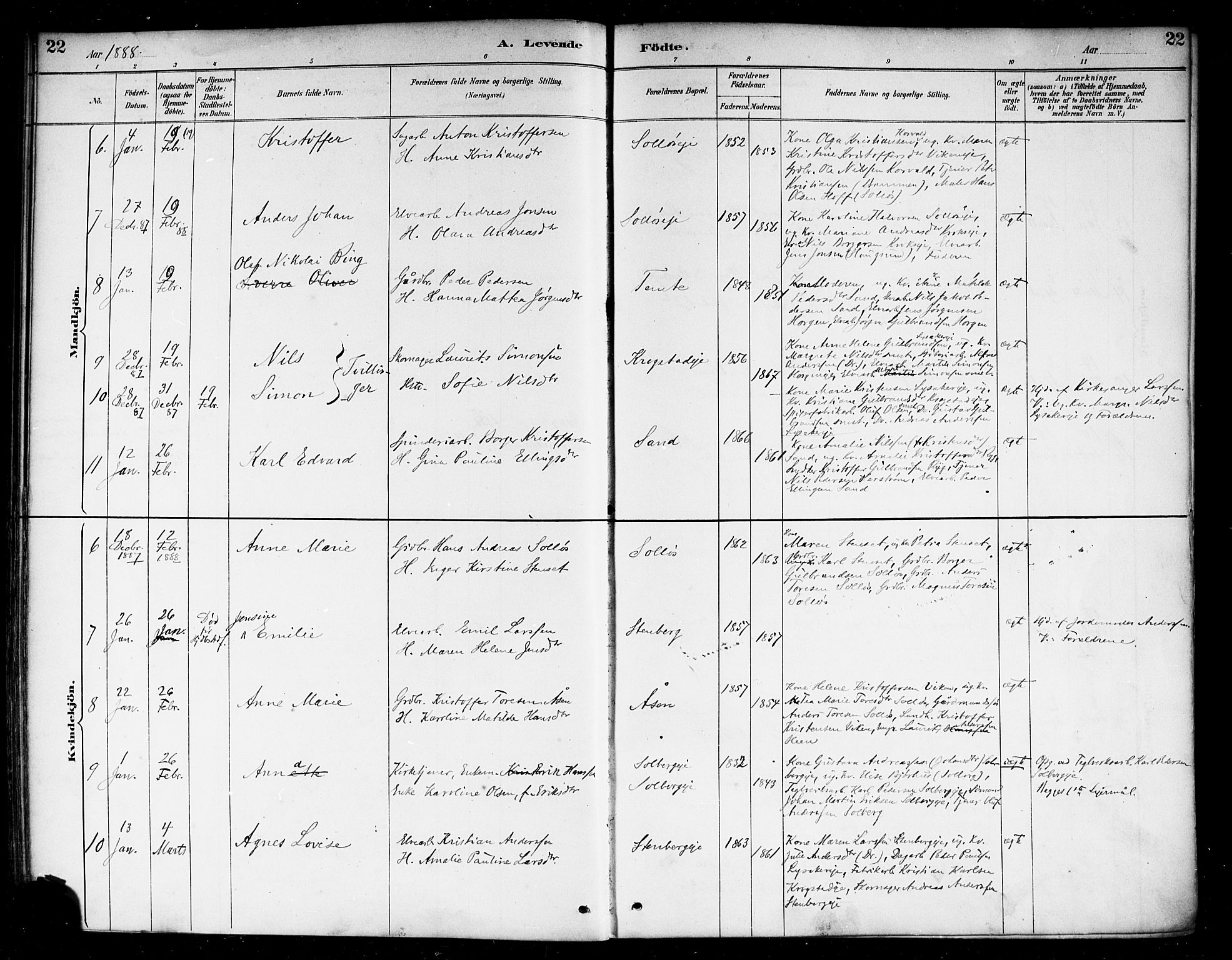 Nedre Eiker kirkebøker, SAKO/A-612/F/Fa/L0003: Parish register (official) no. 3, 1885-1892, p. 22