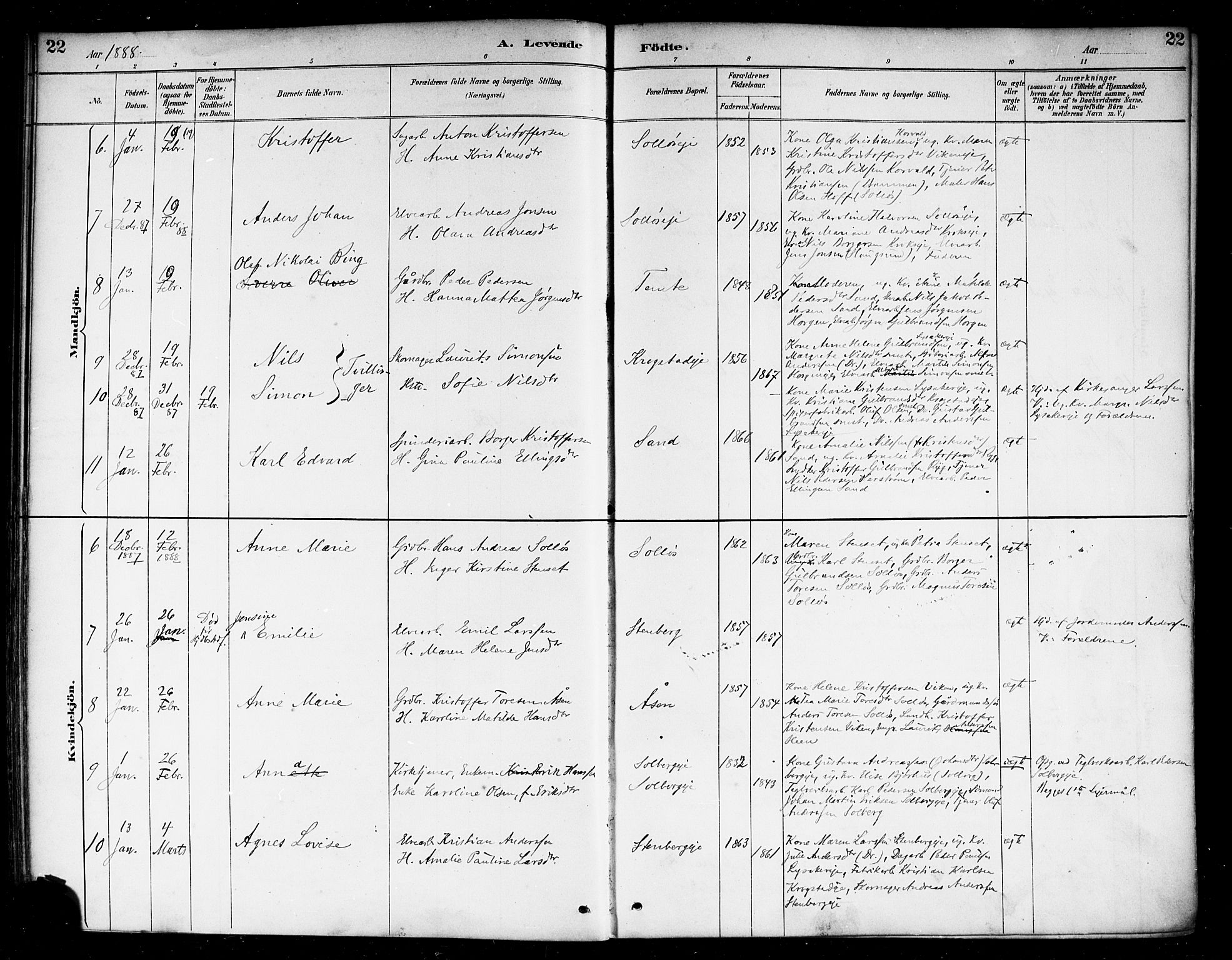 Nedre Eiker kirkebøker, AV/SAKO-A-612/F/Fa/L0003: Parish register (official) no. 3, 1885-1892, p. 22