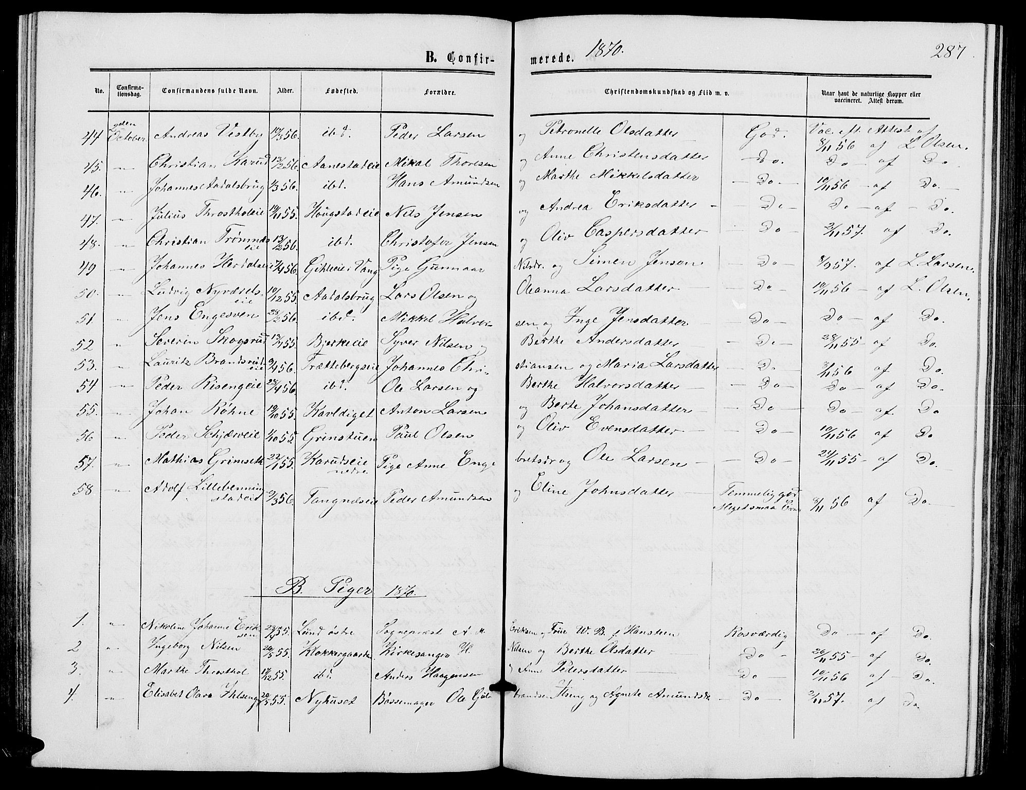 Løten prestekontor, SAH/PREST-022/L/La/L0004: Parish register (copy) no. 4, 1863-1877, p. 287