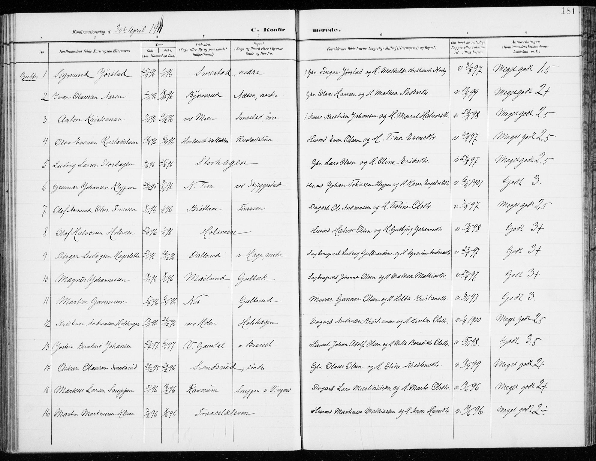 Fåberg prestekontor, SAH/PREST-086/H/Ha/Haa/L0011: Parish register (official) no. 11, 1899-1913, p. 181