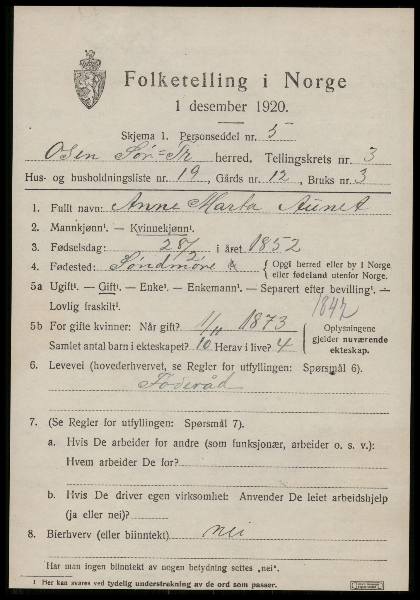 SAT, 1920 census for Osen, 1920, p. 1459