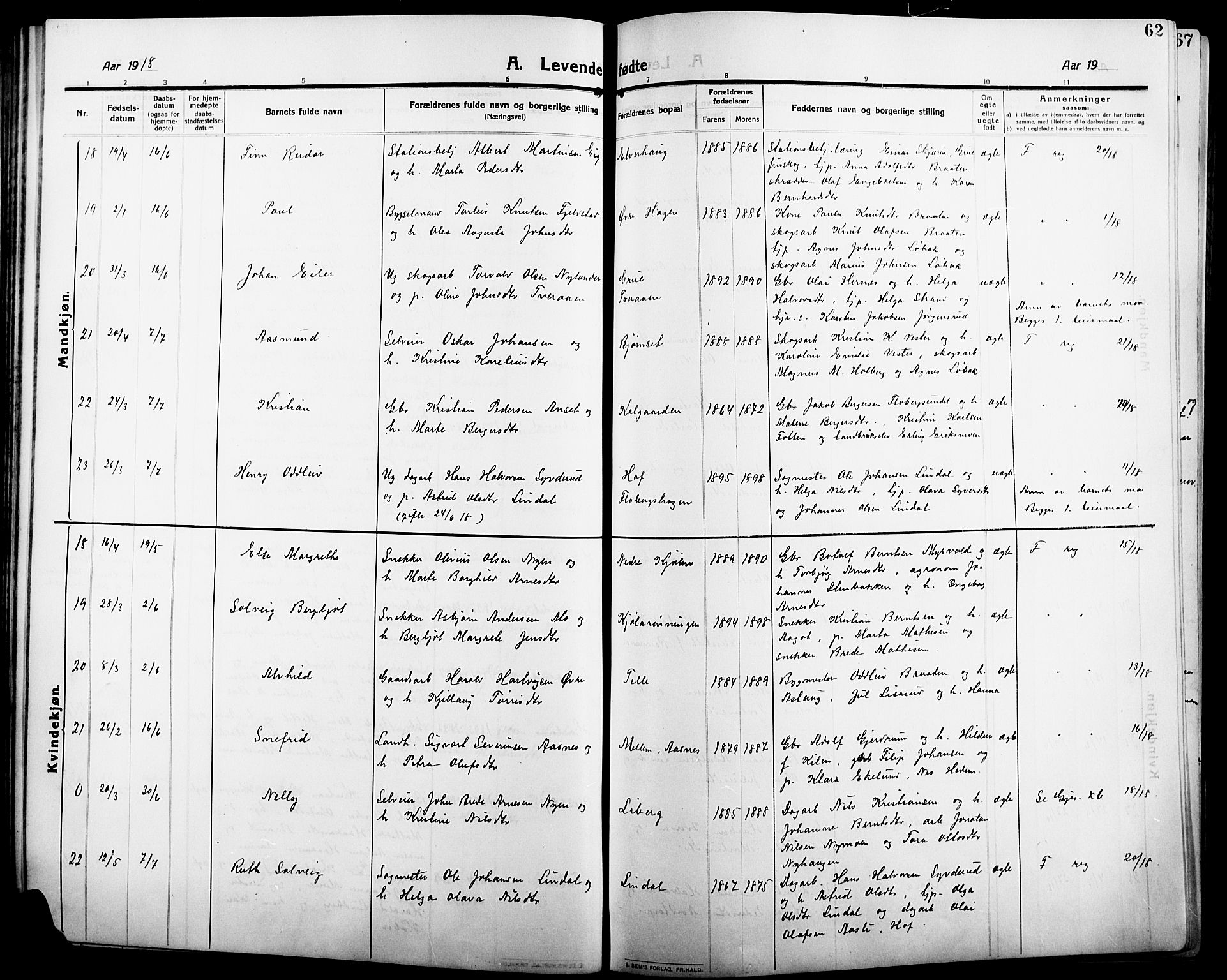 Åsnes prestekontor, SAH/PREST-042/H/Ha/Hab/L0007: Parish register (copy) no. 7, 1909-1926, p. 62