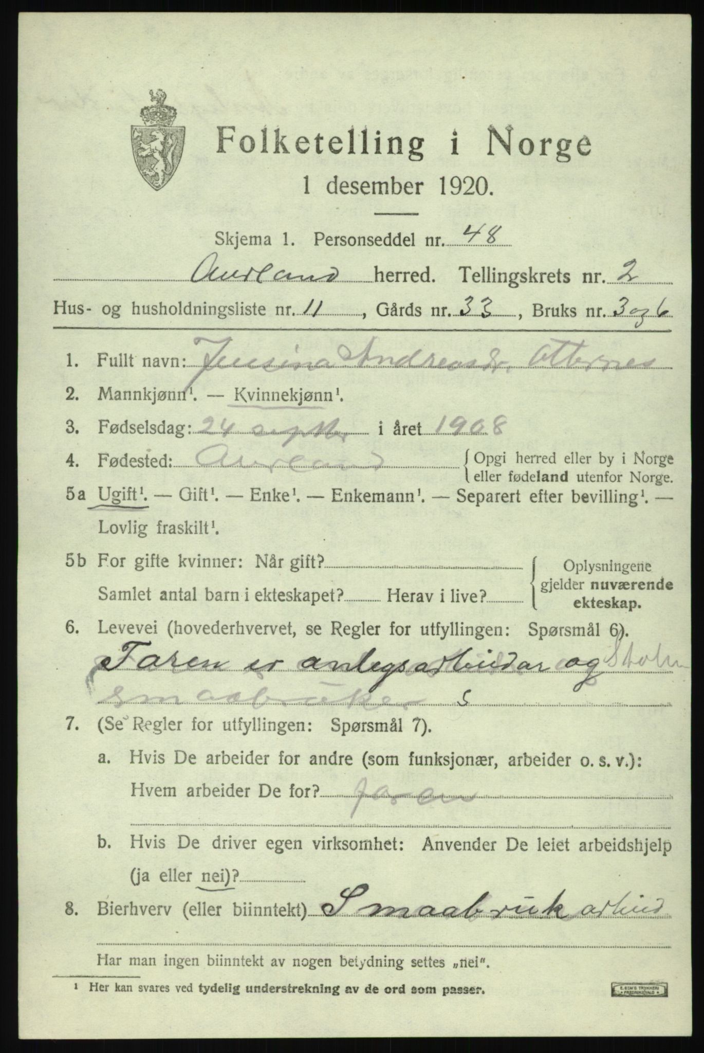 SAB, 1920 census for Aurland, 1920, p. 1924