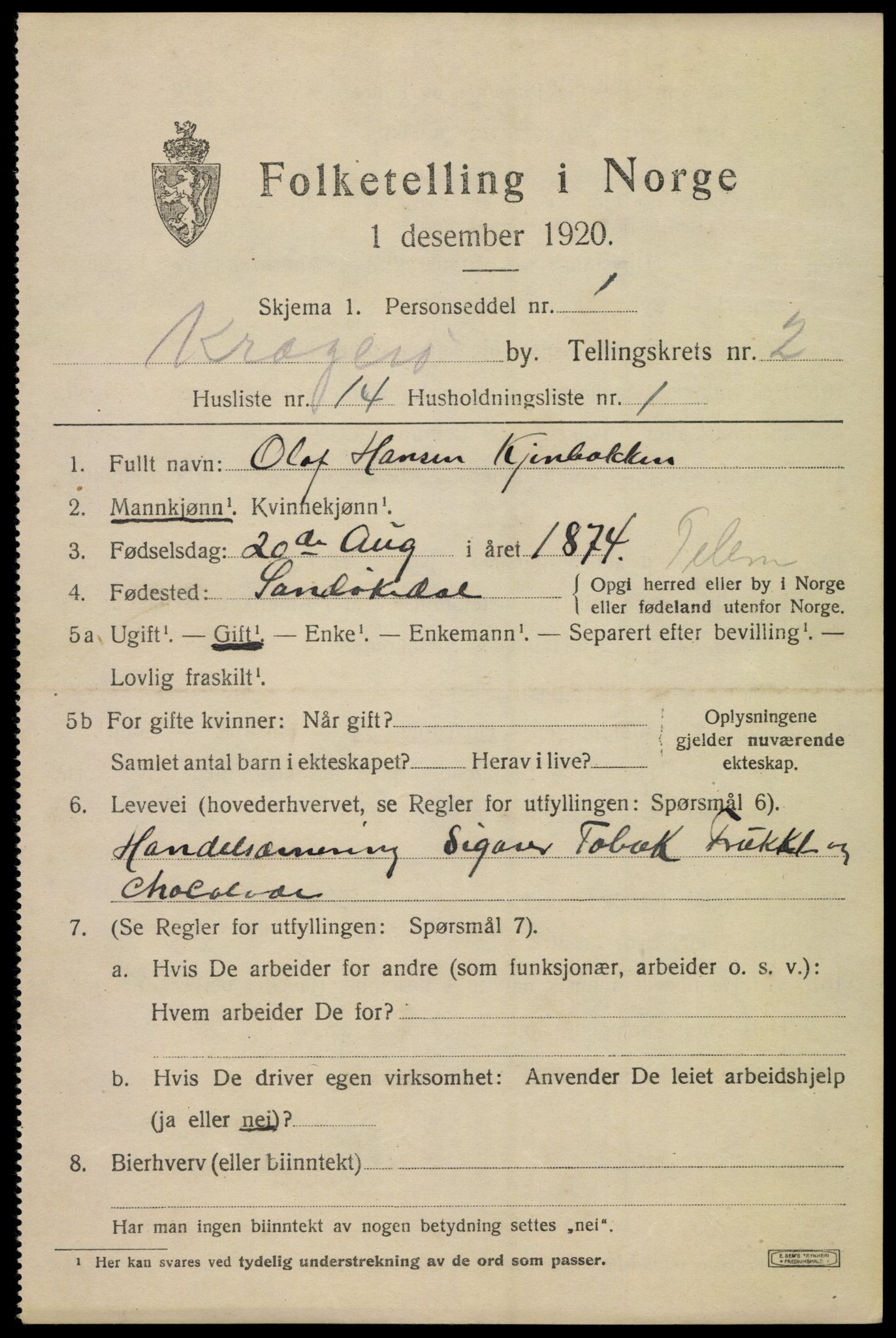 SAKO, 1920 census for Kragerø, 1920, p. 5481