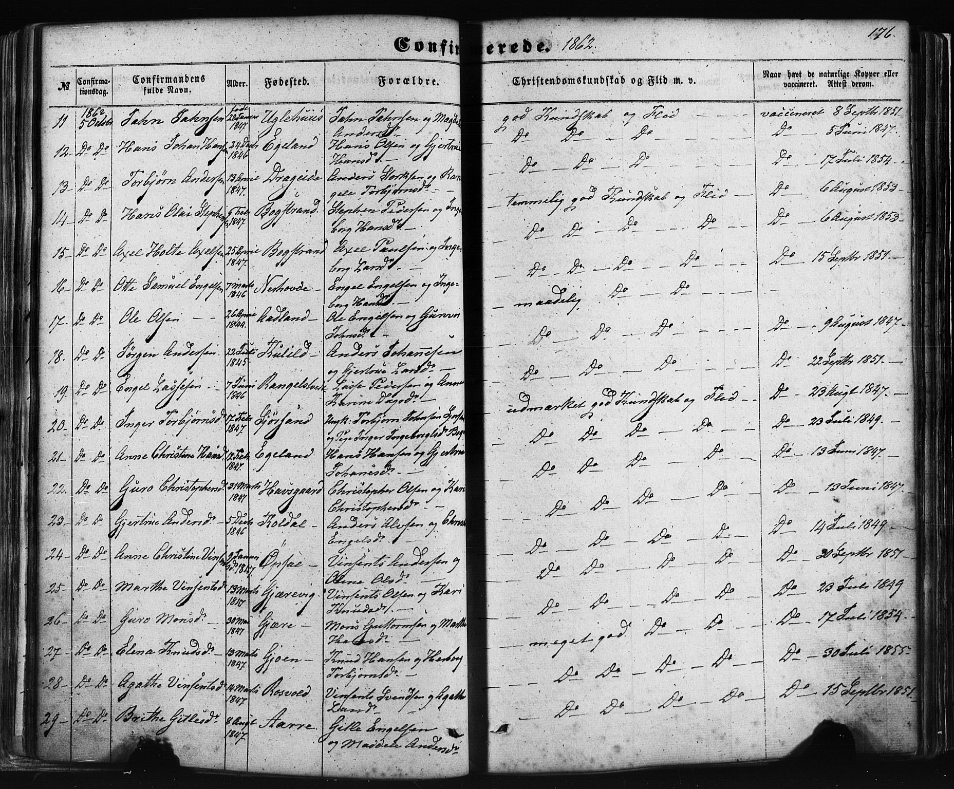 Fusa sokneprestembete, AV/SAB-A-75401/H/Haa: Parish register (official) no. A 1I, 1855-1879, p. 176