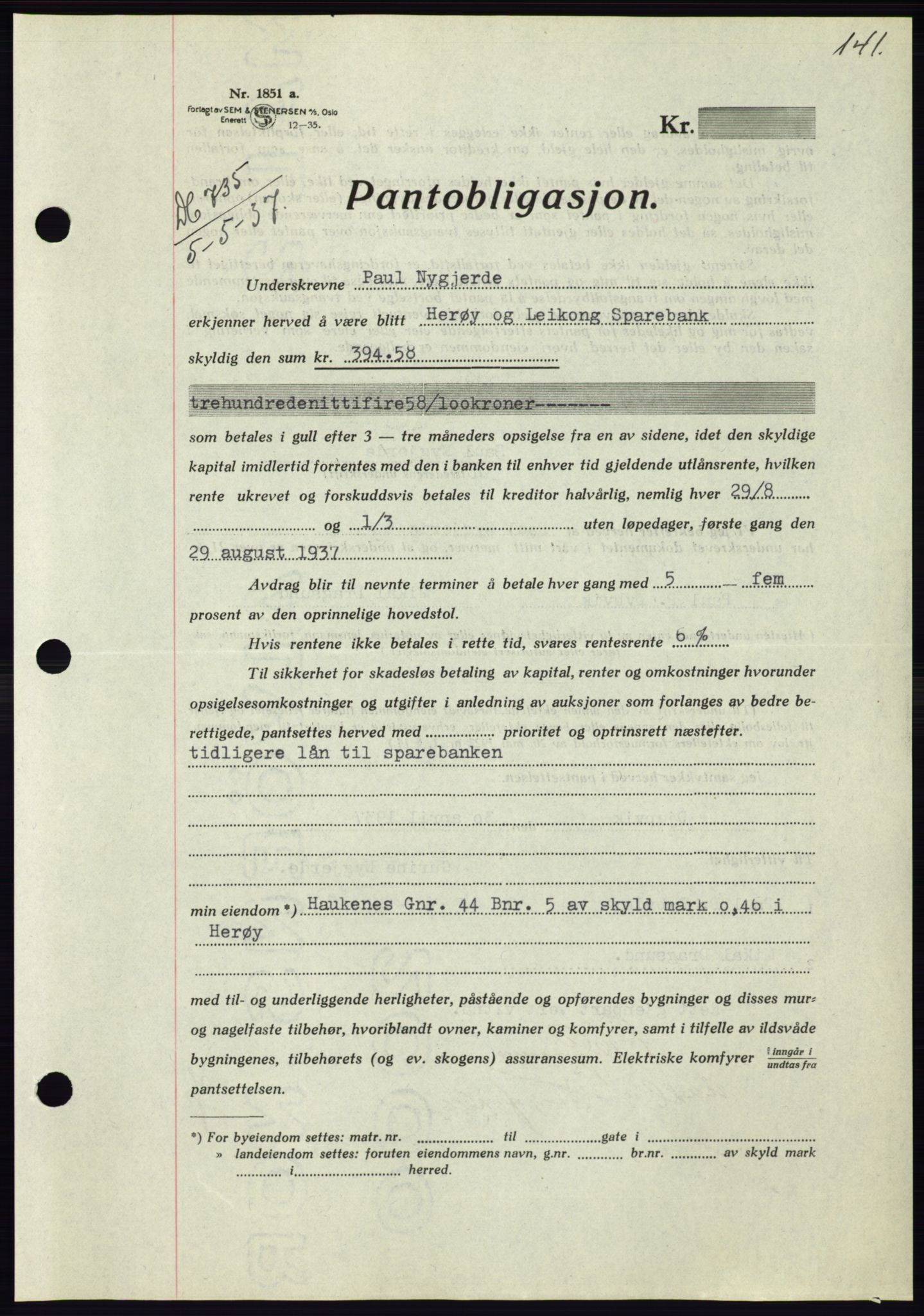 Søre Sunnmøre sorenskriveri, AV/SAT-A-4122/1/2/2C/L0063: Mortgage book no. 57, 1937-1937, Diary no: : 735/1937