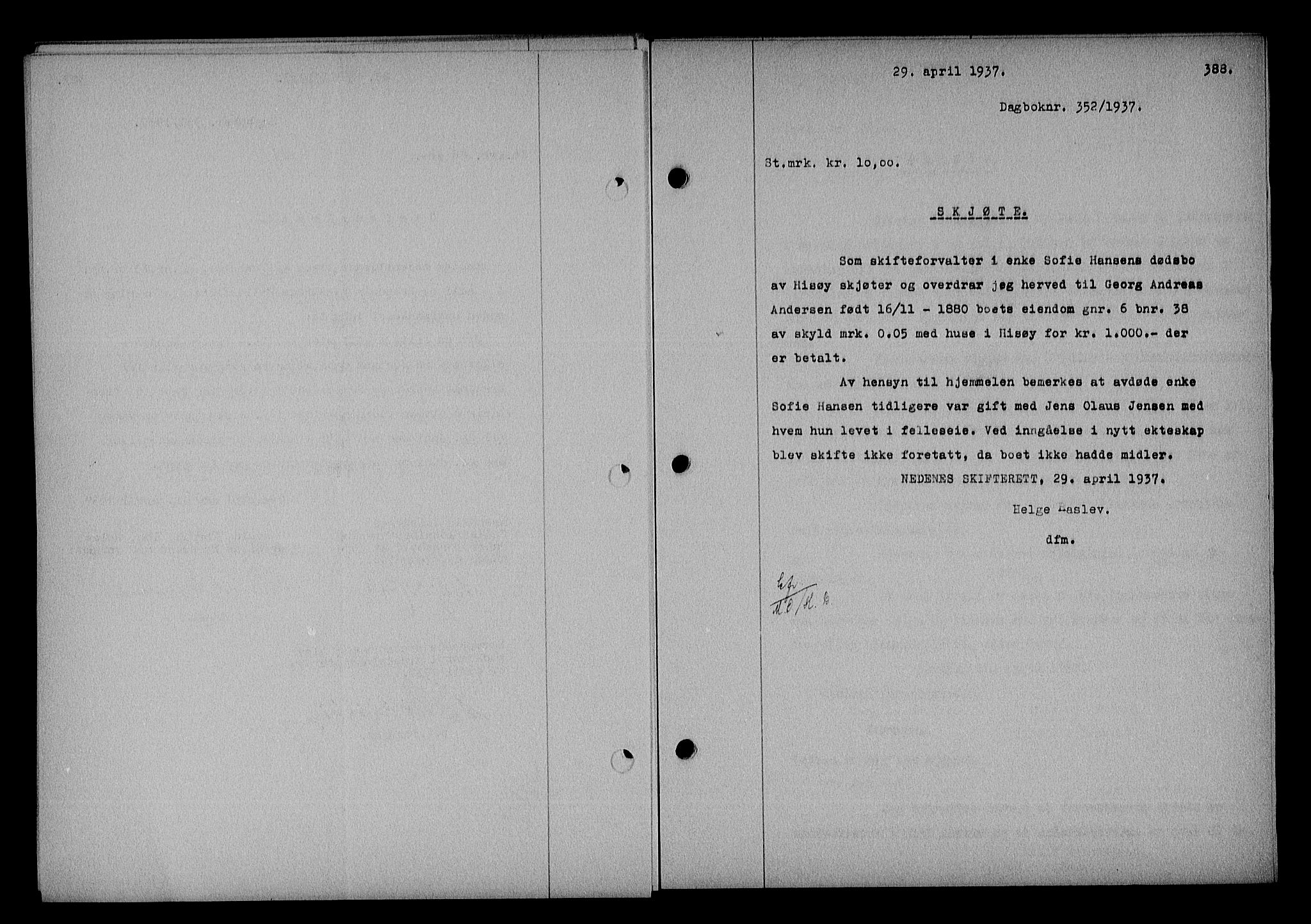 Nedenes sorenskriveri, SAK/1221-0006/G/Gb/Gba/L0043: Mortgage book no. 39, 1936-1937, Diary no: : 352/1937