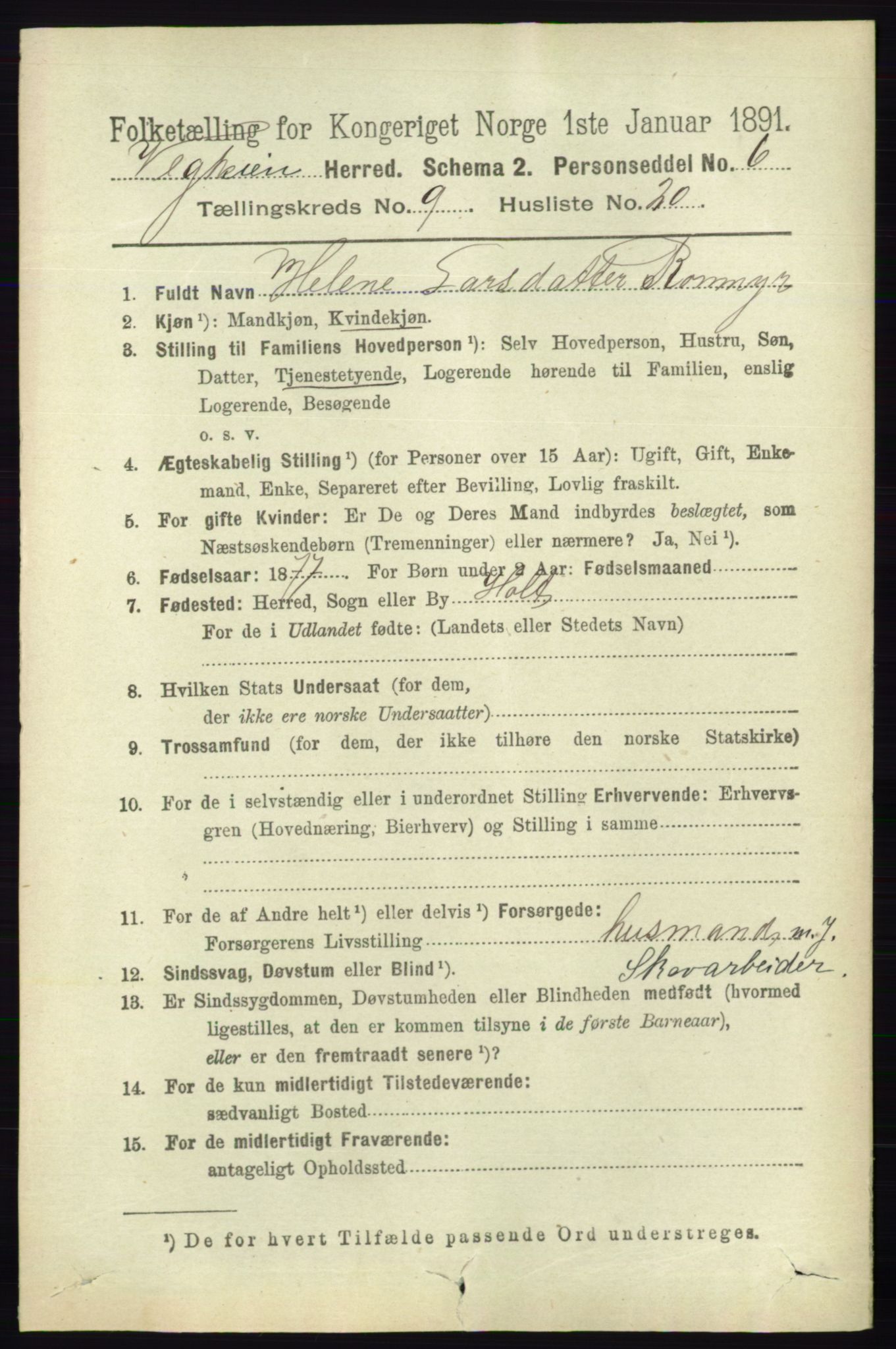 RA, 1891 census for 0912 Vegårshei, 1891, p. 1876