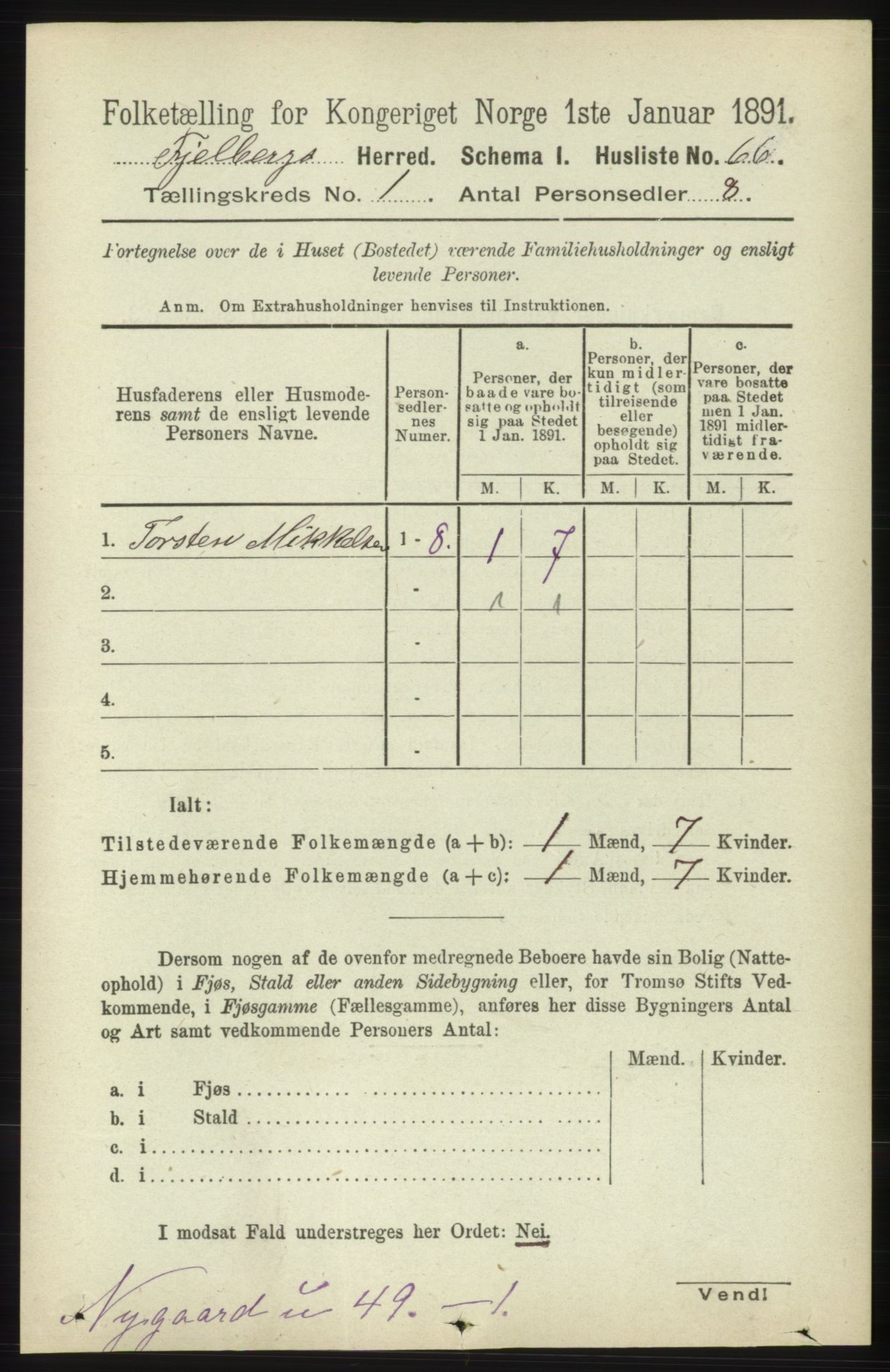 RA, 1891 census for 1213 Fjelberg, 1891, p. 95